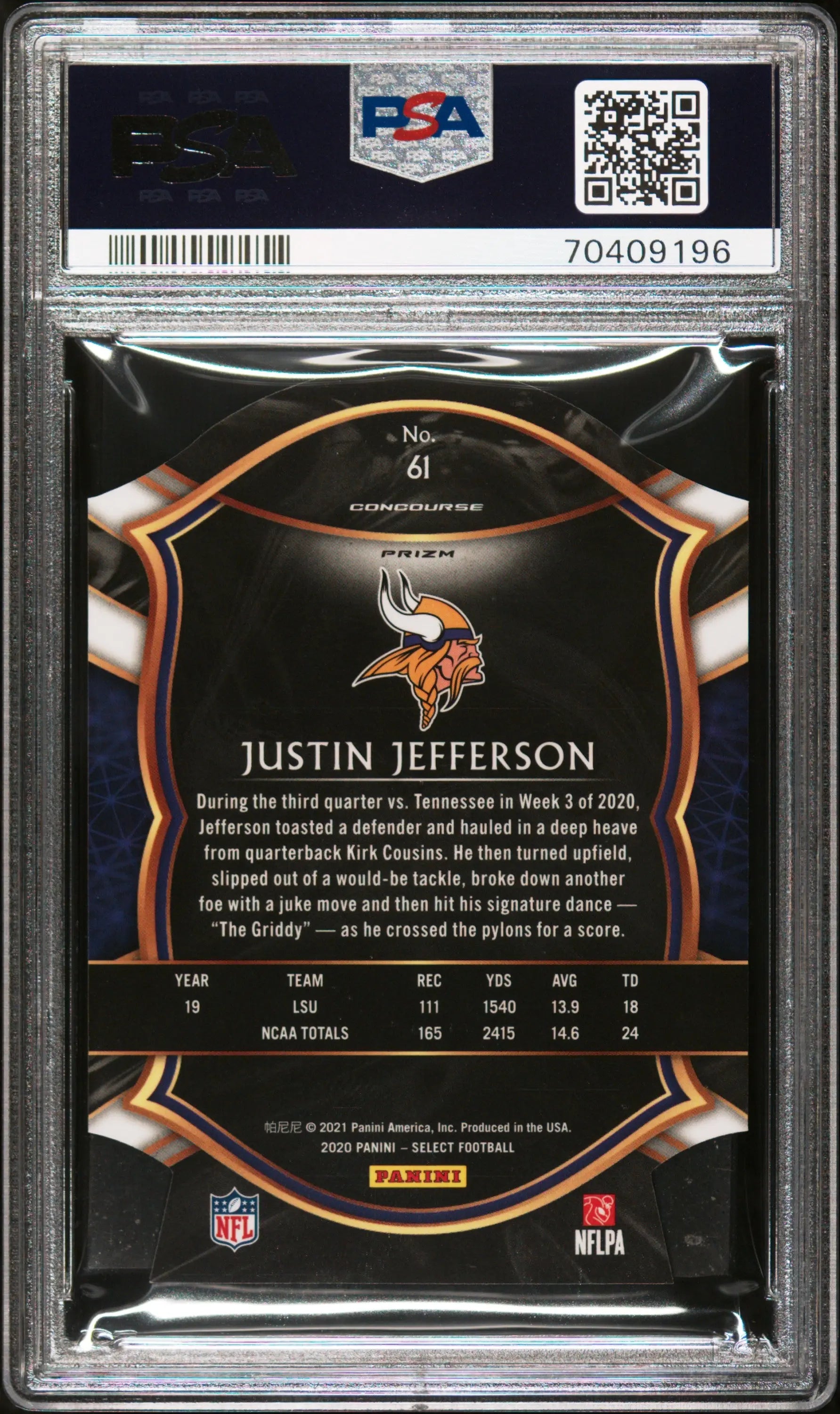2020 Panini Select Football Justin Jefferson Rookie Card Die Cut Maroon Prizm PSA 10 #61 - Rare Collectible for Sports Memorabilia & Investment