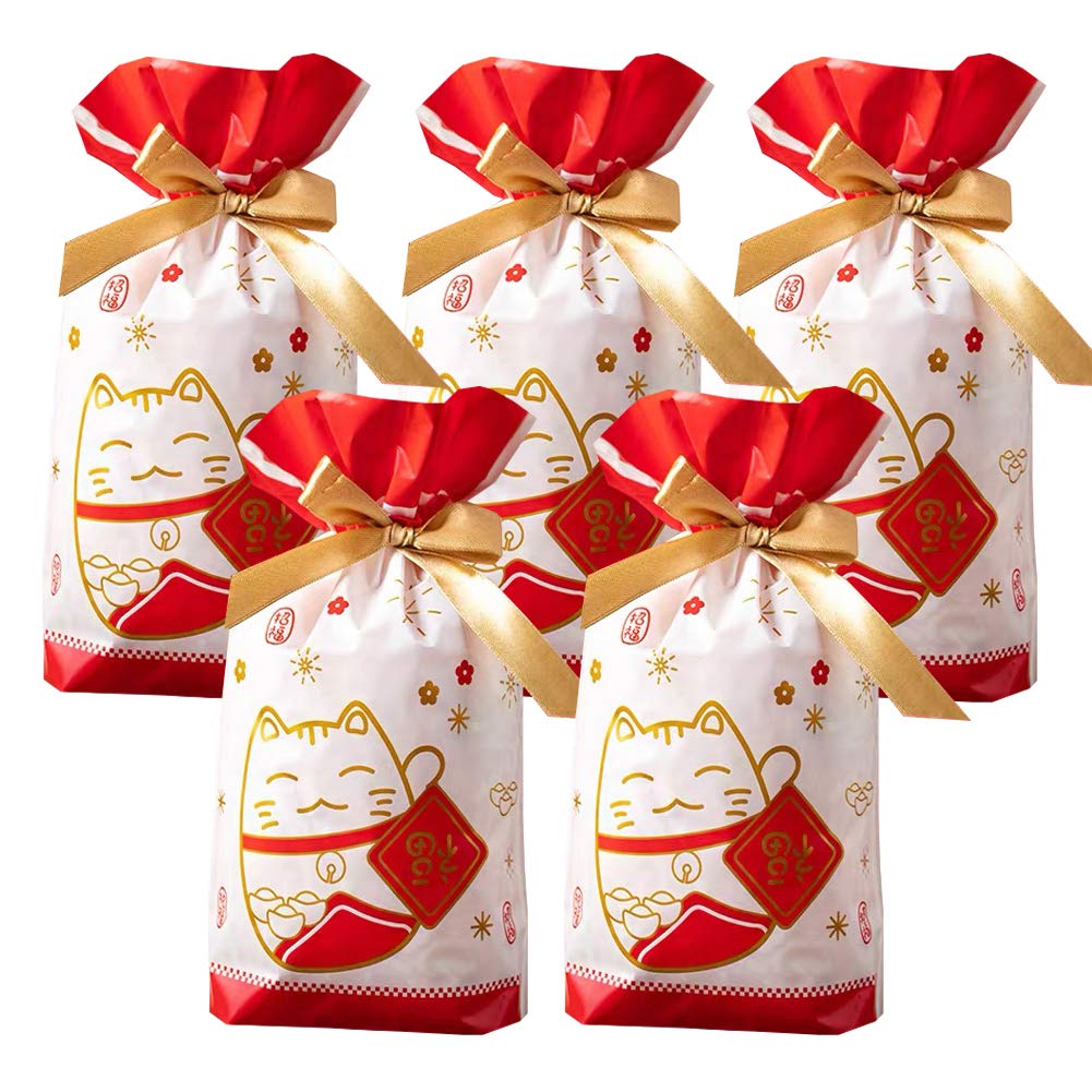 24pcs Lucky Cat Treat Bags - Plastic Drawstring Party Favor Bags for Candy, Gifts & Goodies | Perfect for Birthday, Wedding, Baby Shower, Bridal Shower & Holiday Celebrations