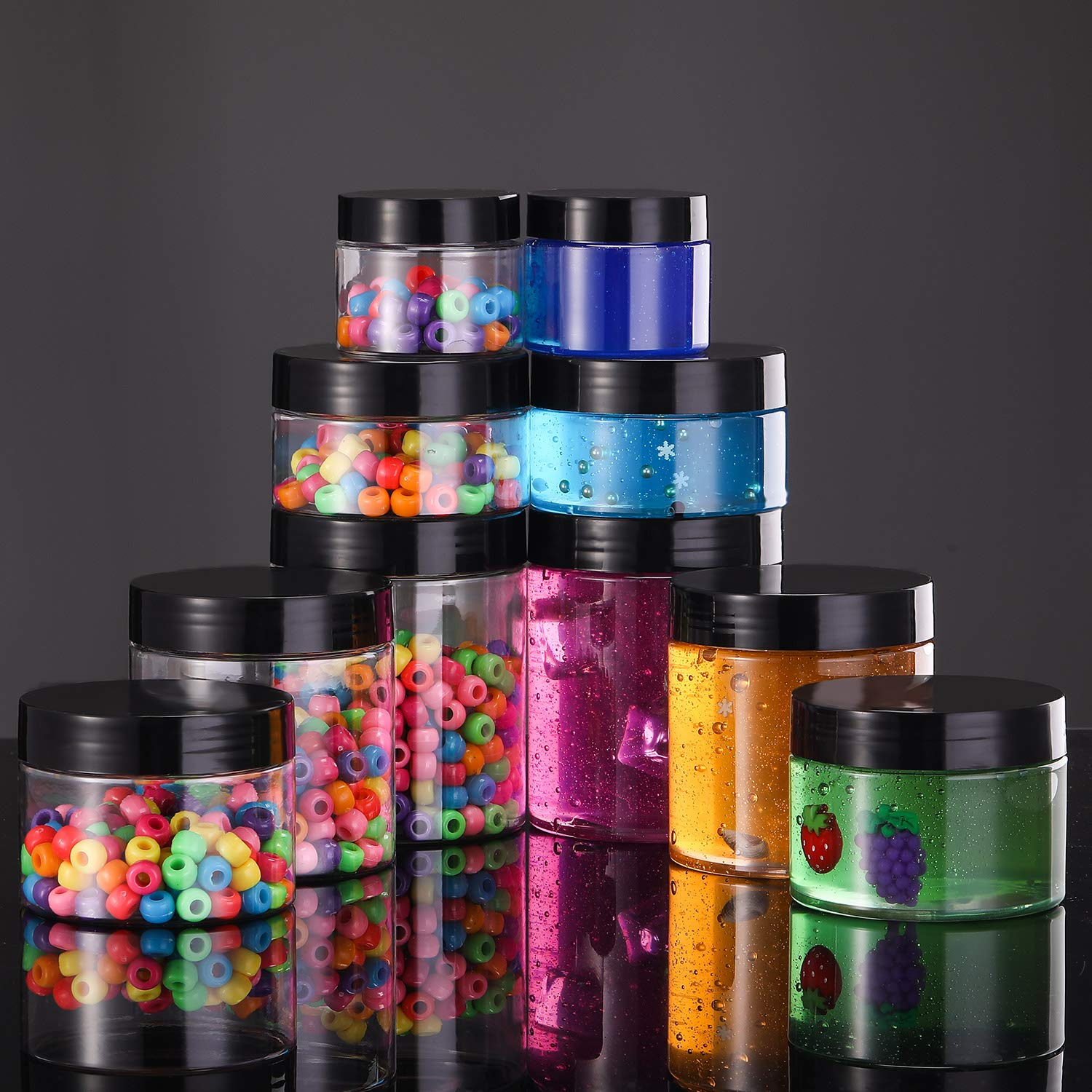 12 Pack 1 oz Clear Plastic Jars with Lids - Round Travel Cosmetic Containers for Toiletries, Lotion, Cream, Makeup & Samples | Airtight Kitchen Storage & Slime Jars | Perfect for DIY, Crafts & Organizing (10 oz, Black)