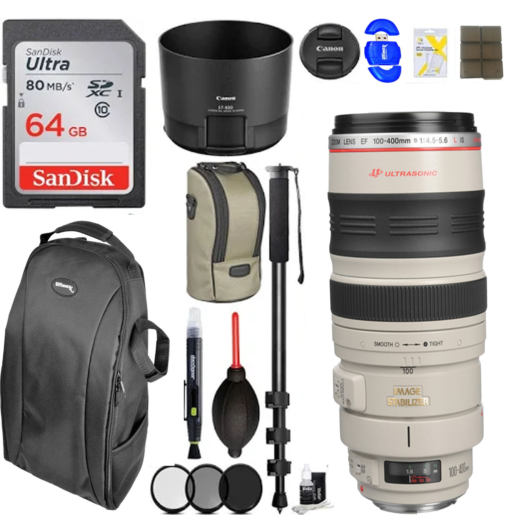 Canon EF 100-400mm f/4.5-5.6L IS II USM Telephoto Zoom Lens with Monopod & 64GB Pro Photo Backpack Bundle - Perfect for Wildlife Photography, Sports Events and Travel Adventures