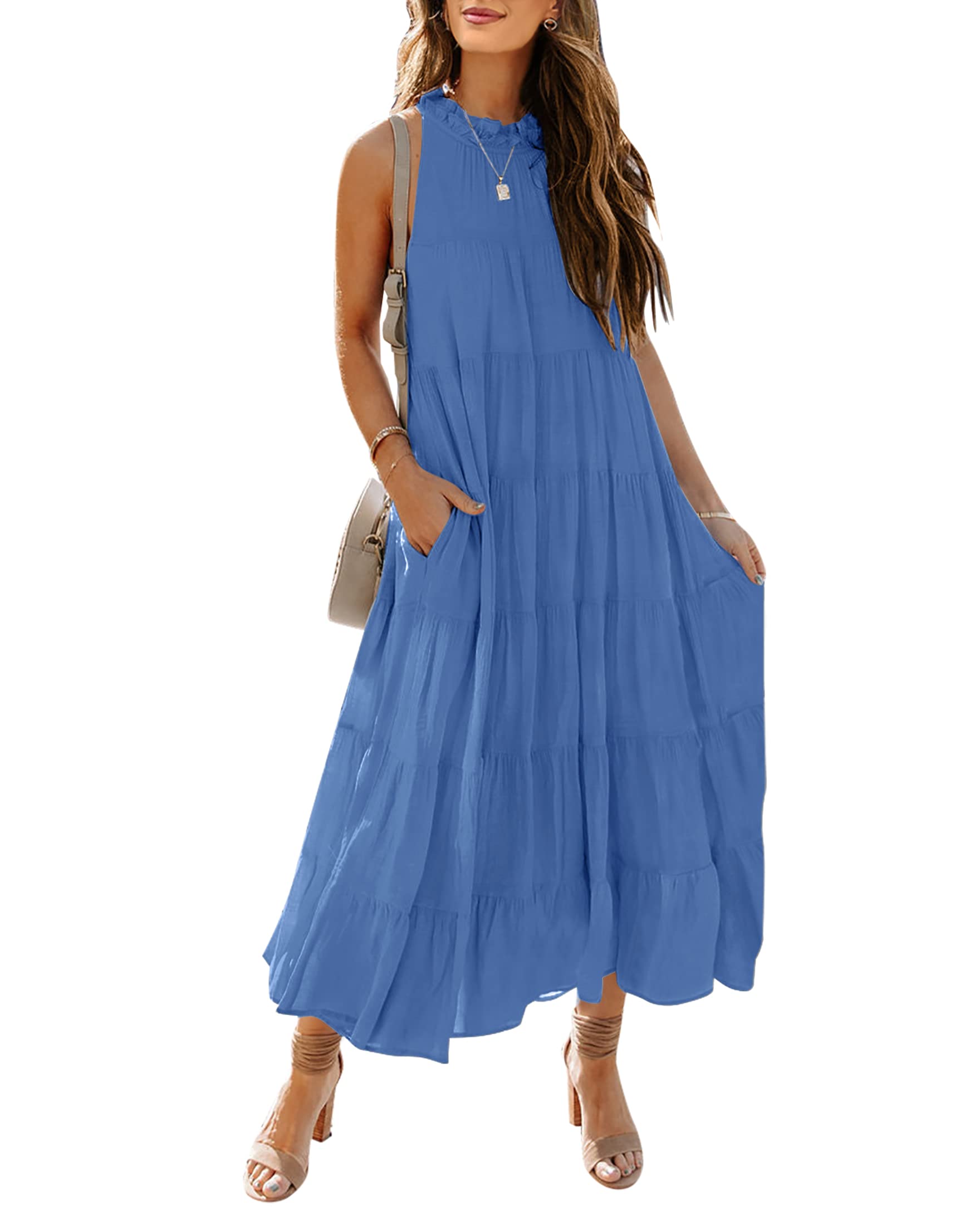 HAEOF Women's Summer Sleeveless Halter Maxi Dress - Flowy Pleated Tiered Beach Sundress for Vacation, Party, and Casual Wear | Lightweight Breathable Long Dress for Beach, Travel, and Outdoor Occasions