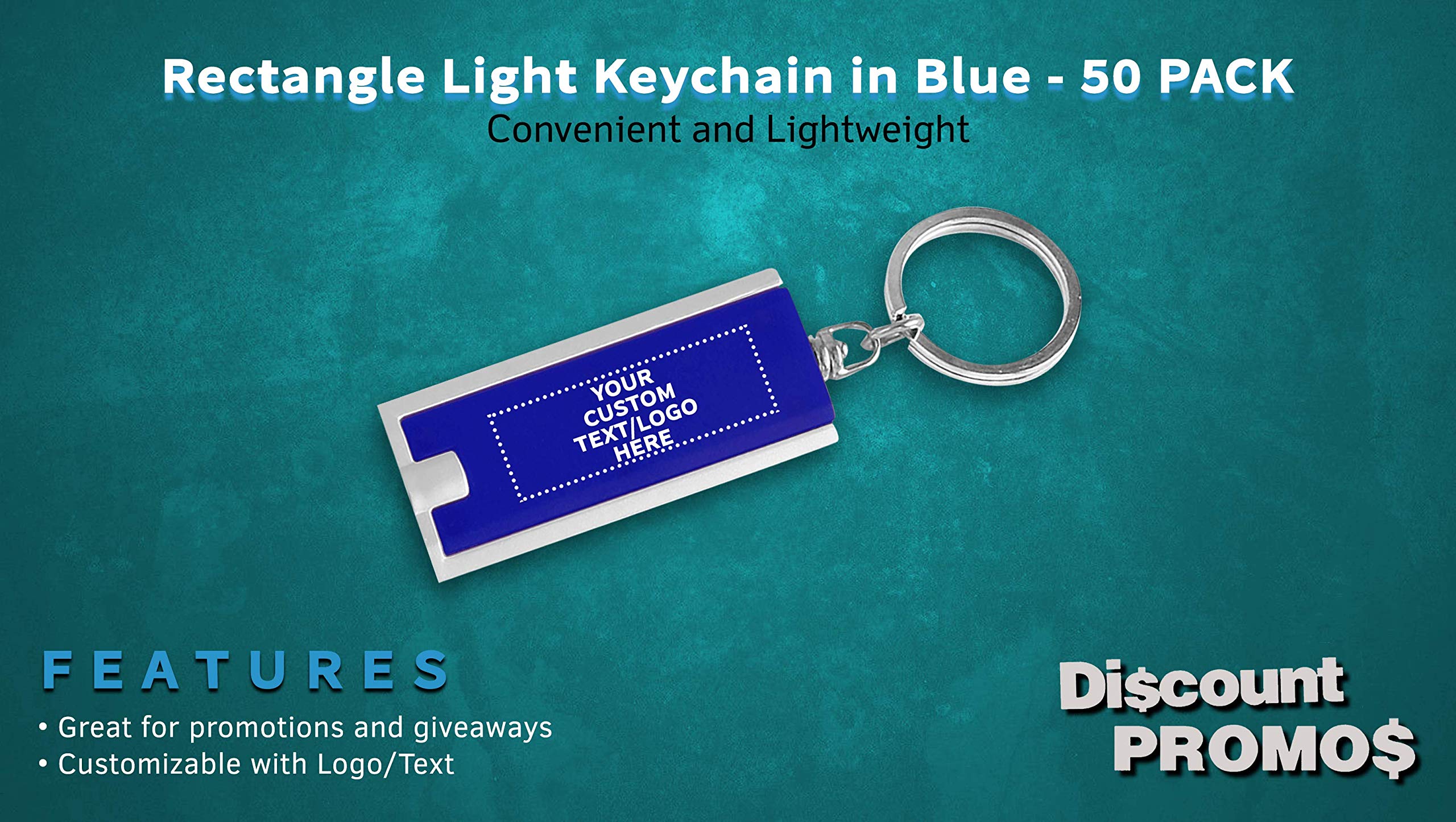50 Pack Customizable LED Flashlight Keychains - Personalized Text & Logo - Durable Plastic Rectangle Design in Blue - Perfect for Promotions, Events, Gifts & Emergency Kits