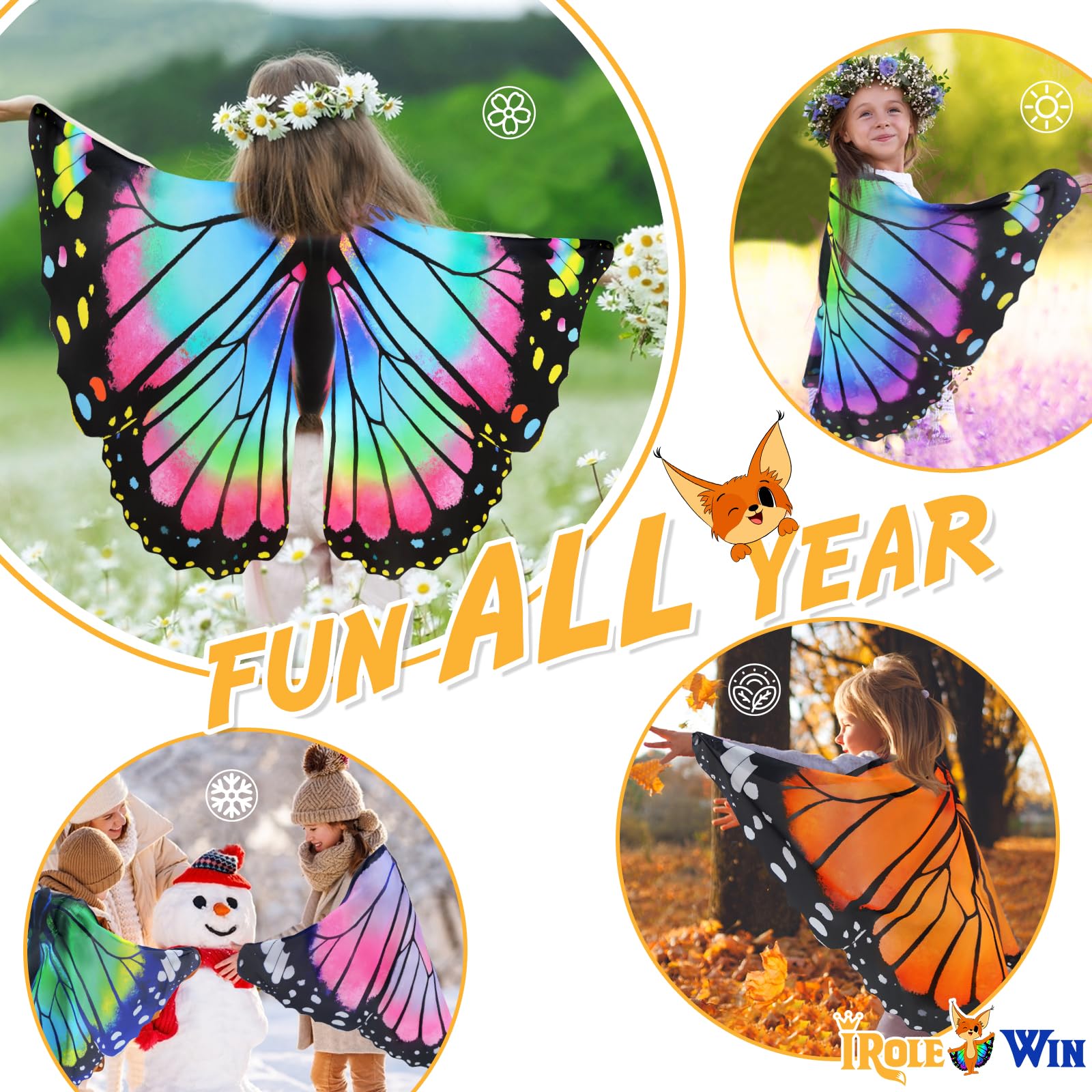 iROLEWIN Butterfly Wings Costume for Kids - Toddler Dress Up Wings for Girls & Boys, Play Pretend Bug Costume Accessories - Perfect for Halloween, Birthday Parties & Dress Up Play