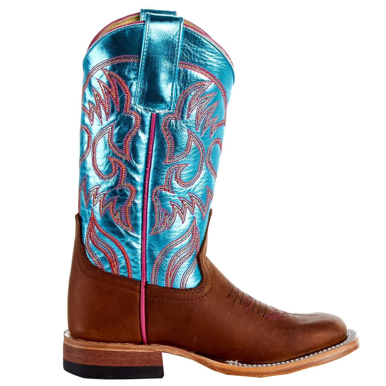 Macie Bean Kids Crazy Horse Boots with Metallic Turquoise Top - Western Style Cowgirl Boots for Girls, Comfortable & Durable Riding Boots for Horseback Riding, Country Fashion & Outdoor Activities