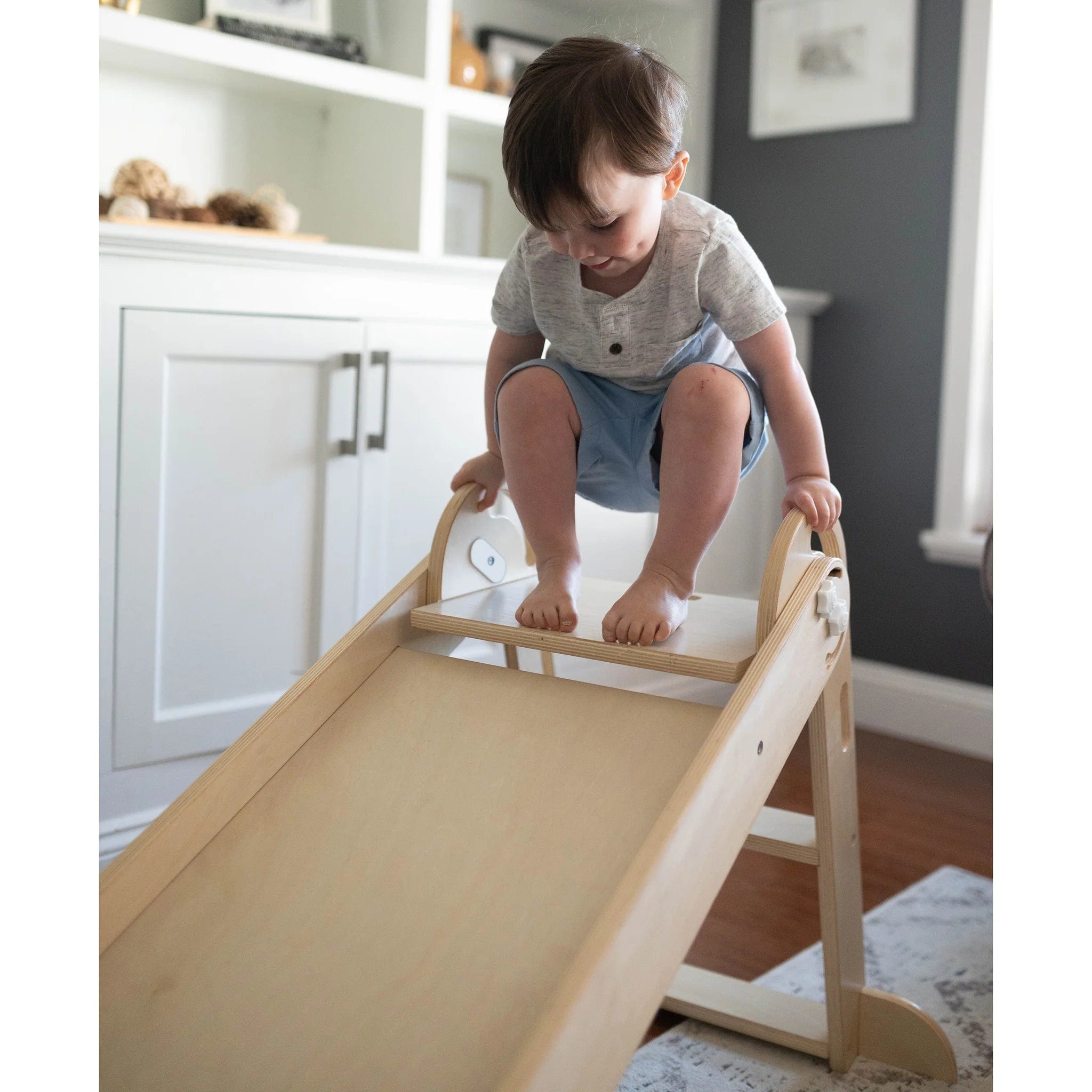 Little Partner 2-in-1 Folding Learn 'N Slide Natural Wood Toddler Slide & Climbing Toy - Perfect for Indoor Playroom & Backyard Fun