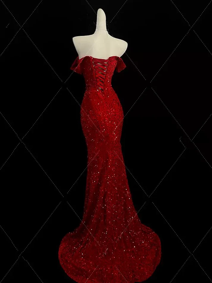 Burgundy Off Shoulder Mermaid Sequin Prom Dress - Elegant Evening Gown for Homecoming, Pageant & Formal Events - Style J6749
