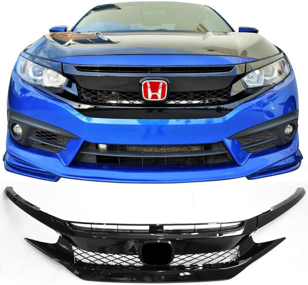 2016-2018 Honda Civic Coupe/Sedan Front Grille & Eyelids - Type R CTR Style Glossy Black Set | Car Exterior Upgrade for Street Racing & Show Cars