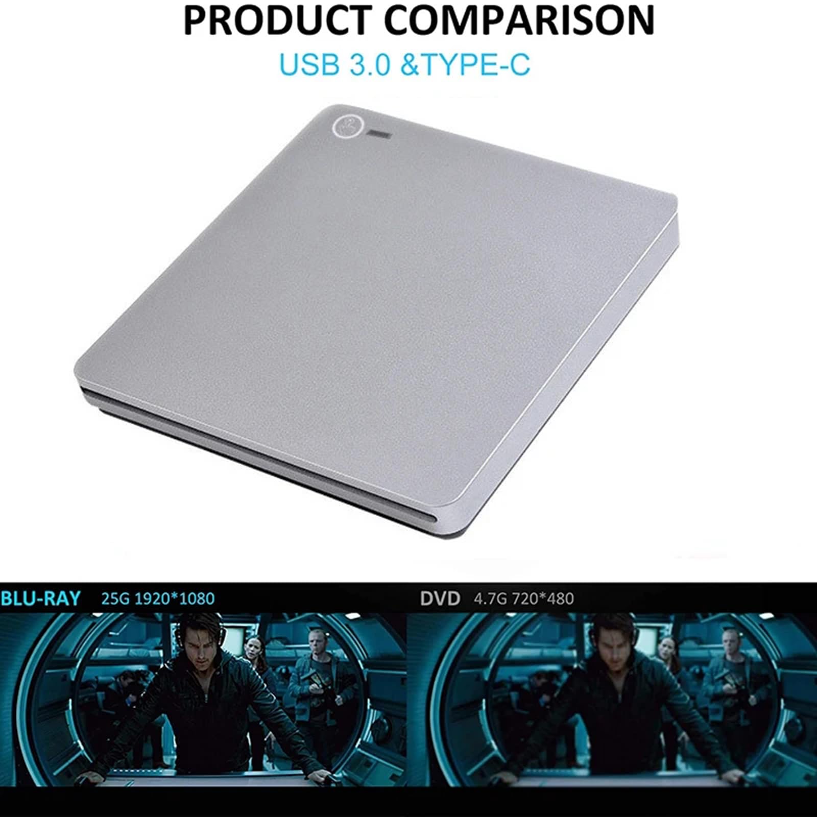 NQYZZFD External Blu Ray DVD Drive Burner - USB 3.0 & Type-C BD/CD/DVD RW Optical Drive for Laptop, Mac, PC, MacBook Pro/Air - Compatible with Windows & macOS | Perfect for Movie Watching, Data Backup & Disc Burning
