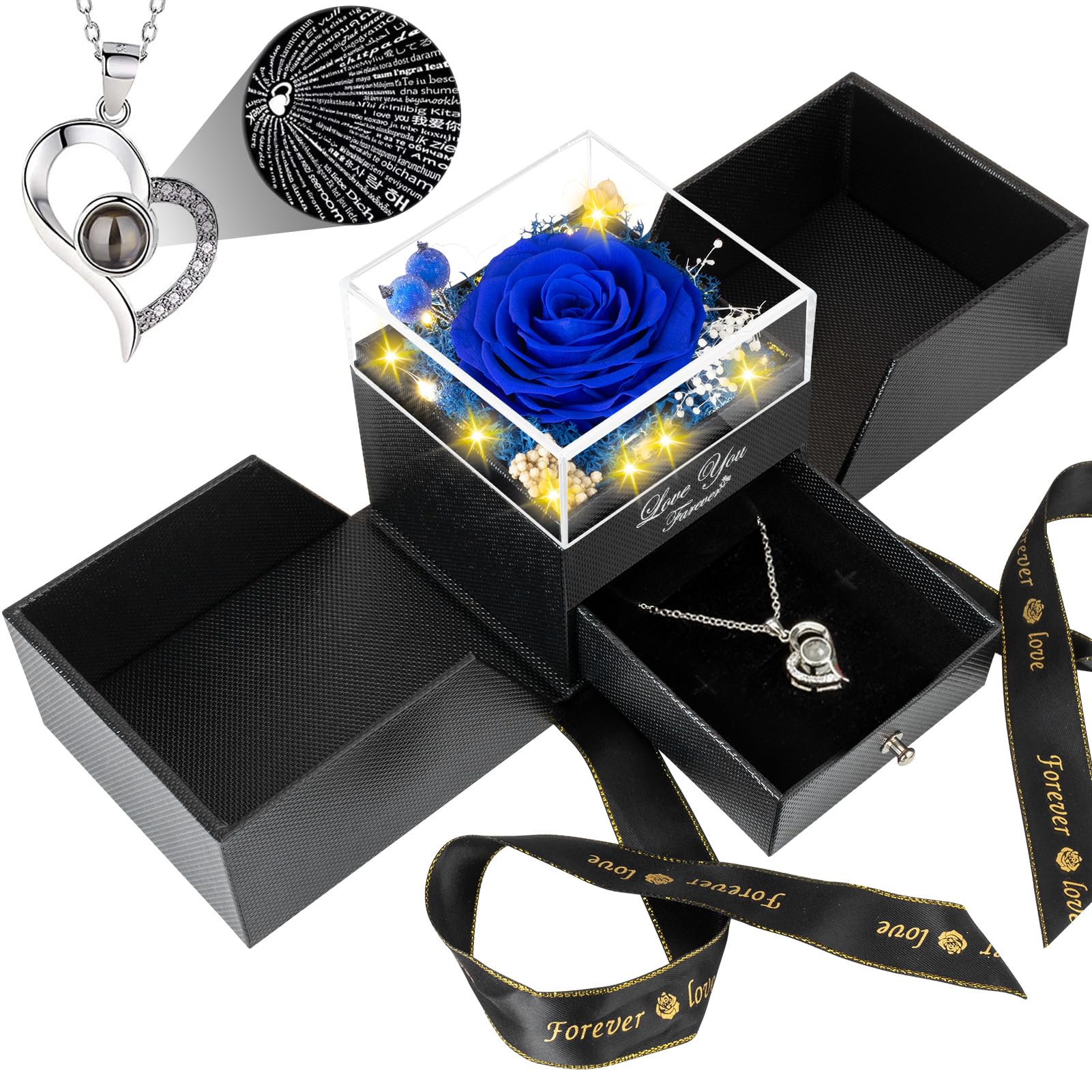Preserved Blue Real Rose with 'I Love You' Necklace - Eternal Flower Gift for Mom, Grandma, Wife, Girlfriend | Romantic Birthday, Anniversary & Christmas Present for Her | Perfect for Valentine's Day, Weddings & Special Occasions
