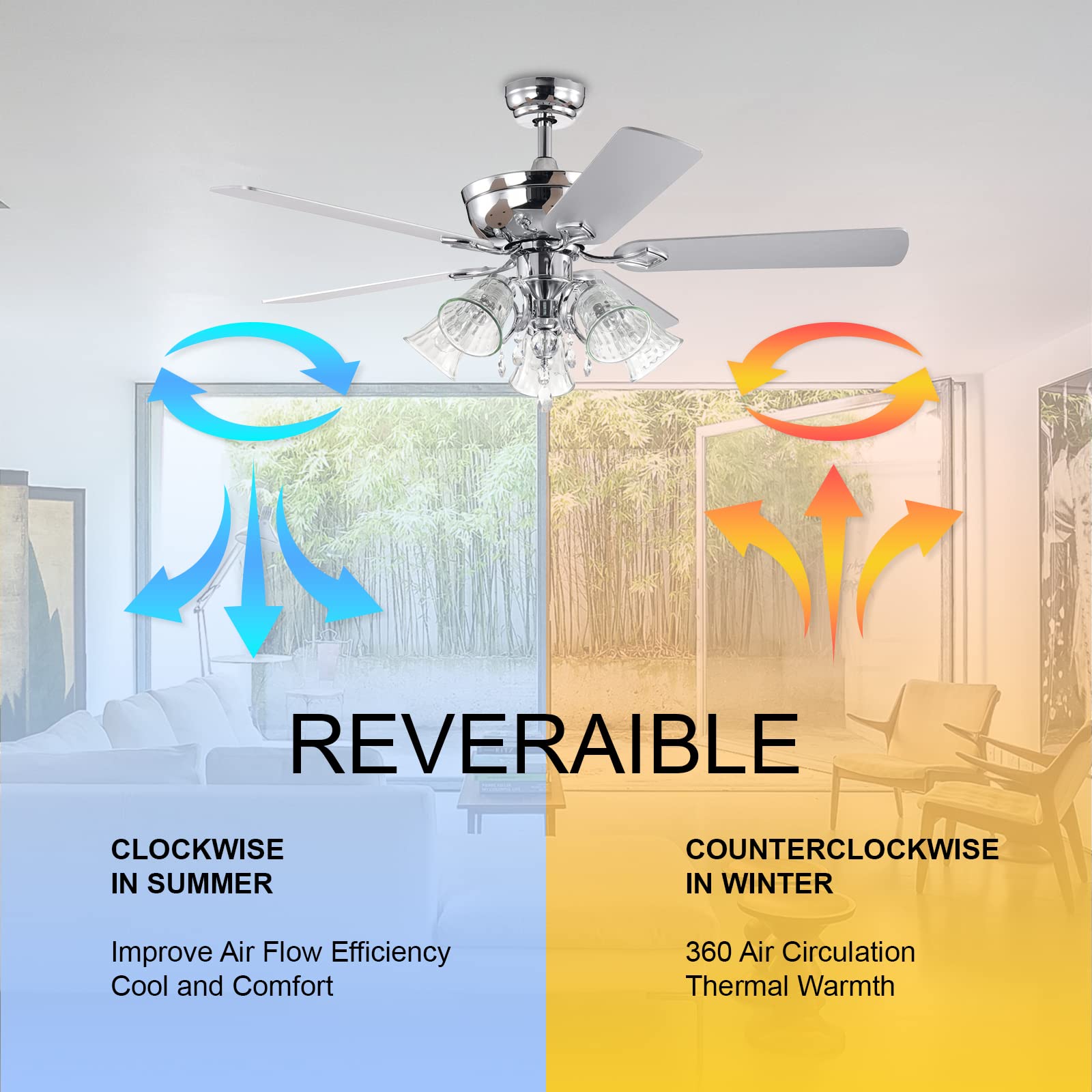 52 Inch Modern Crystal Chandelier Ceiling Fan with Lights & Remote Control - 5 Reversible Blades, 3 Speed Settings, Silver Chrome Finish - Perfect for Living Room, Bedroom, Dining Room & Indoor Spaces