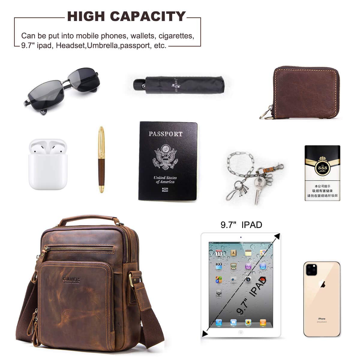 Hiram Genuine Crazy Horse Cow Leather Messenger Bag for Men - 10