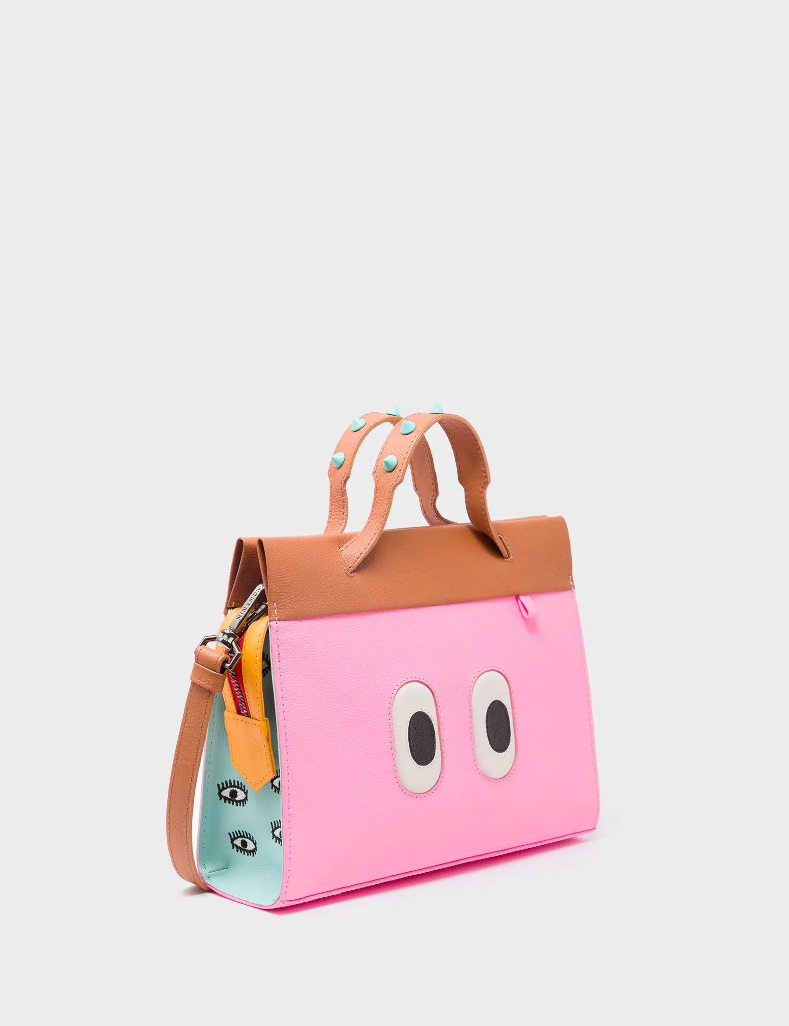 Vali Crossbody Small Leather Bag in Caramel & Taffy Pink with All Over Eyes Embroidery - Perfect for Women's Daily Use, Travel & Fashion Accessories