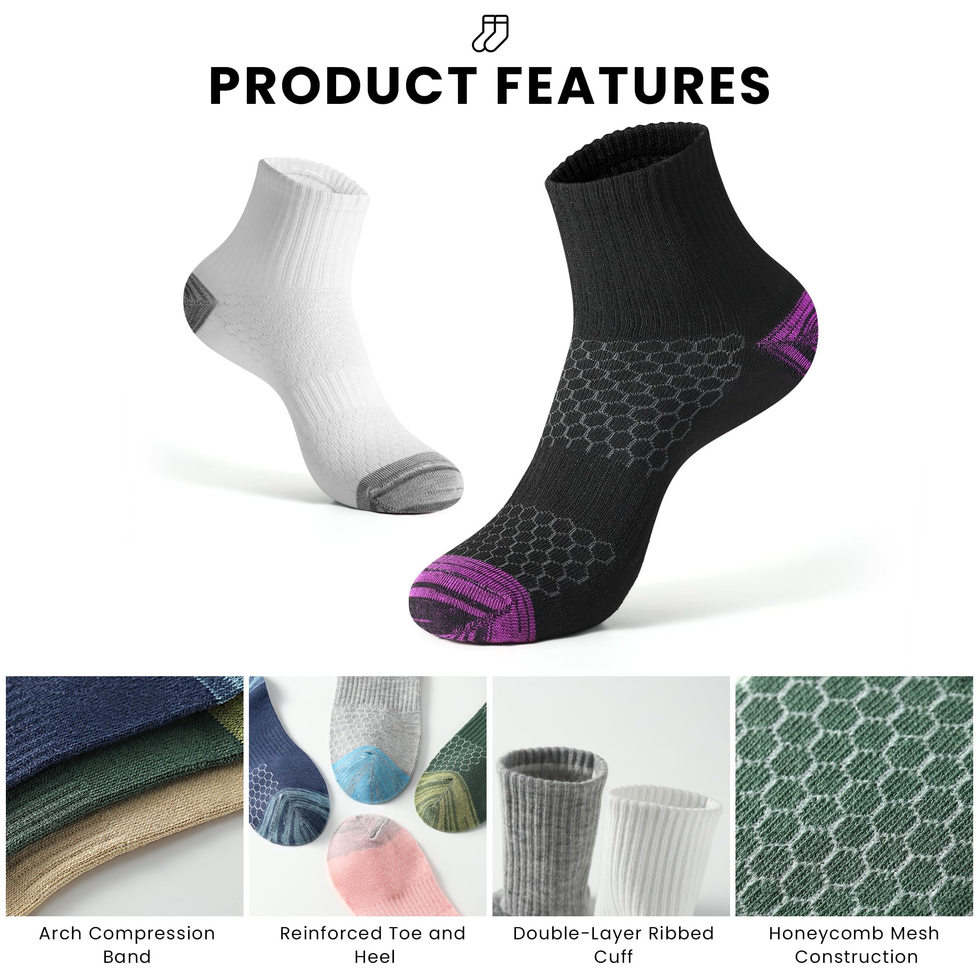 Honeysea Women's Breathable Mesh Crew Socks - 6 Pairs Lightweight Athletic Compression Quarter Socks for Hiking, Running, Workout & Daily Wear
