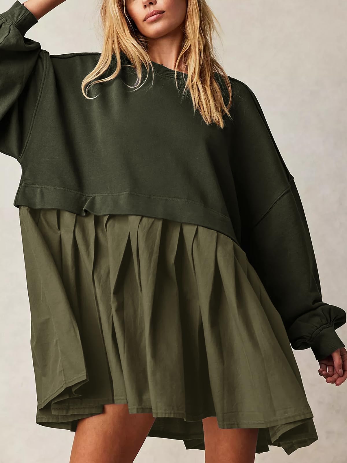 Women's Oversized Patchwork Sweatshirt Dress - Long Sleeve Crew Neck Pullover Mini Dress | Flowy Loungewear for Casual Outings, Coffee Dates & Fall Layering