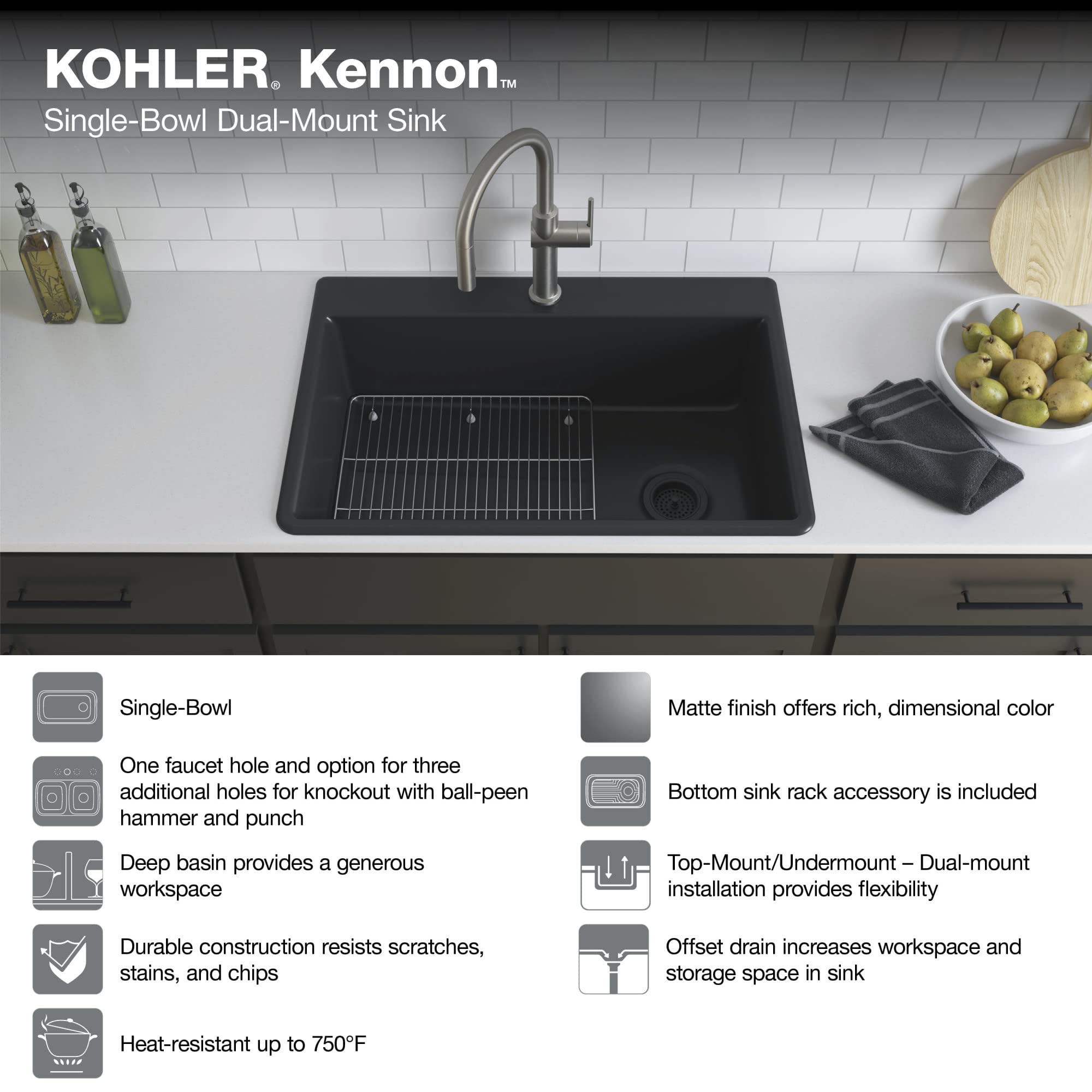 KOHLER 28003-1-CM1 Kennon 25-Inch Undermount or Top Mount Single Bowl Kitchen Sink | Matte Black Composite Utility Sink with Drain Rack | Perfect for Modern Kitchens & Laundry Rooms