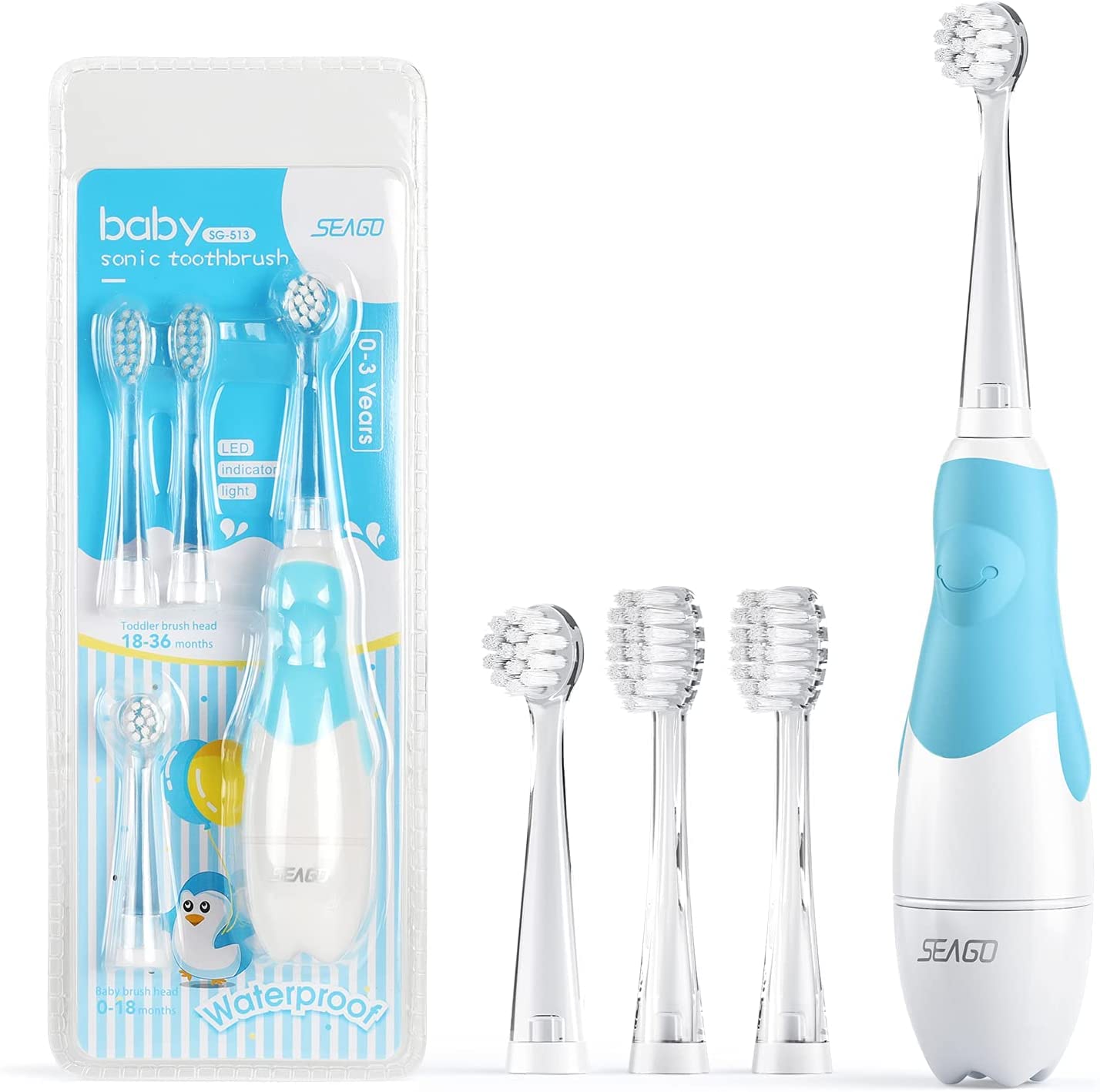 SEAGO Electric Toothbrush for Kids Ages 1-3 | Baby Toothbrush with LED Timer & Sonic Technology | 4 Replacement Brush Heads (Blue) | Gentle Cleaning for Toddler's First Teeth | Perfect for Bath Time & Morning Routines