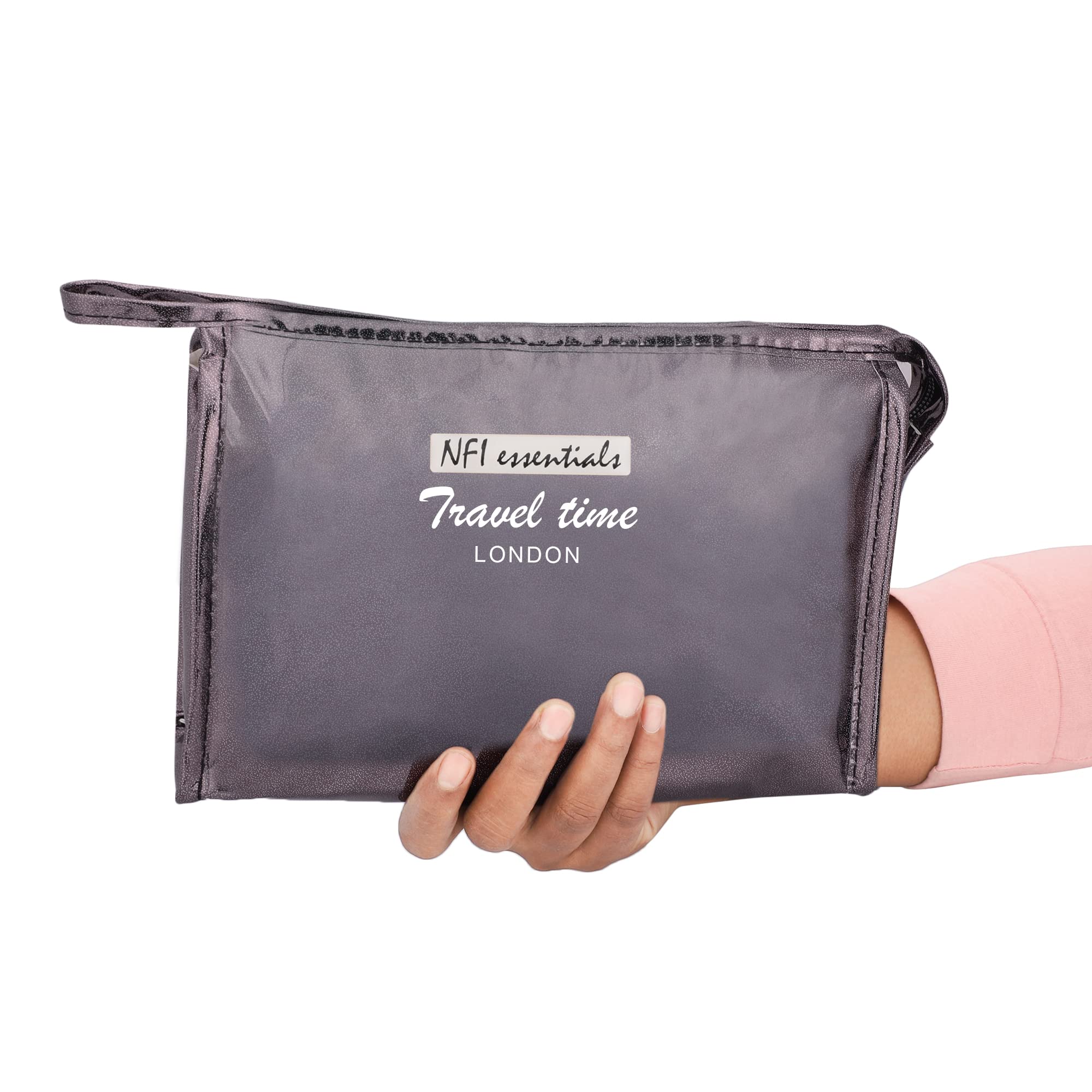 NFI Essentials Reflective Makeup Pouch for Women - Waterproof Cosmetic Bag, Travel Toiletry Organizer for Makeup Brushes & Accessories - Perfect for Gym, Travel, and Everyday Use