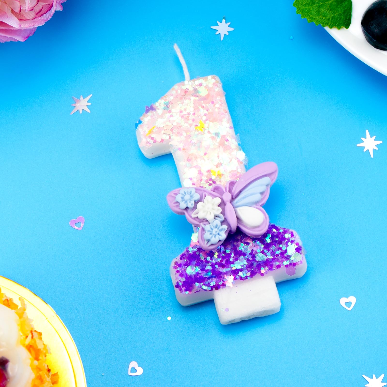 Pink & Purple Butterfly Glitter Number 1 Birthday Candles - Sparkling Cake Topper with Sequins for Girls & Women | Anniversary, Birthday Party Decorations & Cake Decorating Supplies