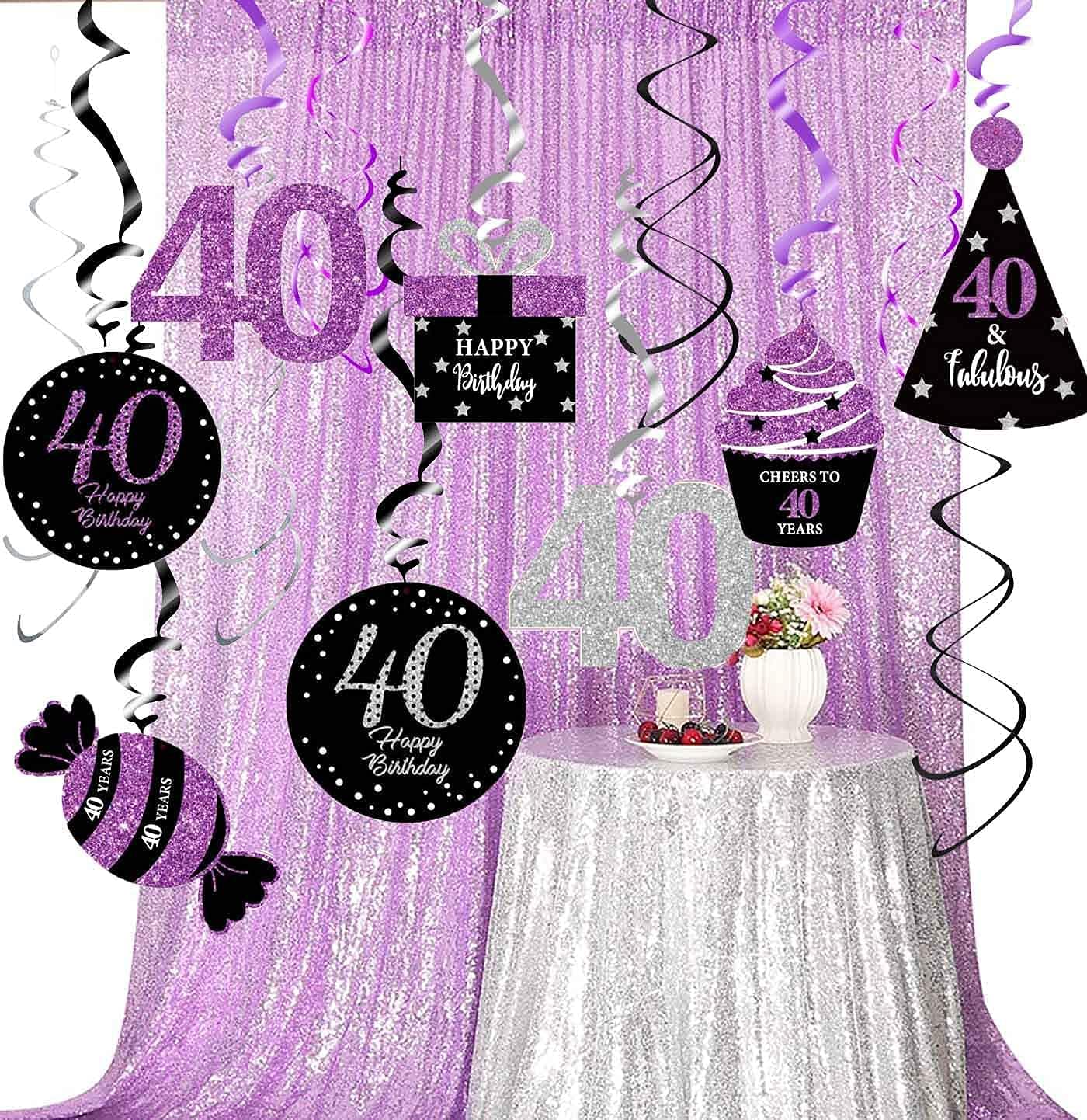 40th Birthday Party Decorations for Women - Purple, Black & Silver Foil Hanging Swirls - Perfect for 40th Birthday Celebrations, Milestone Parties & Women's Birthday Decor