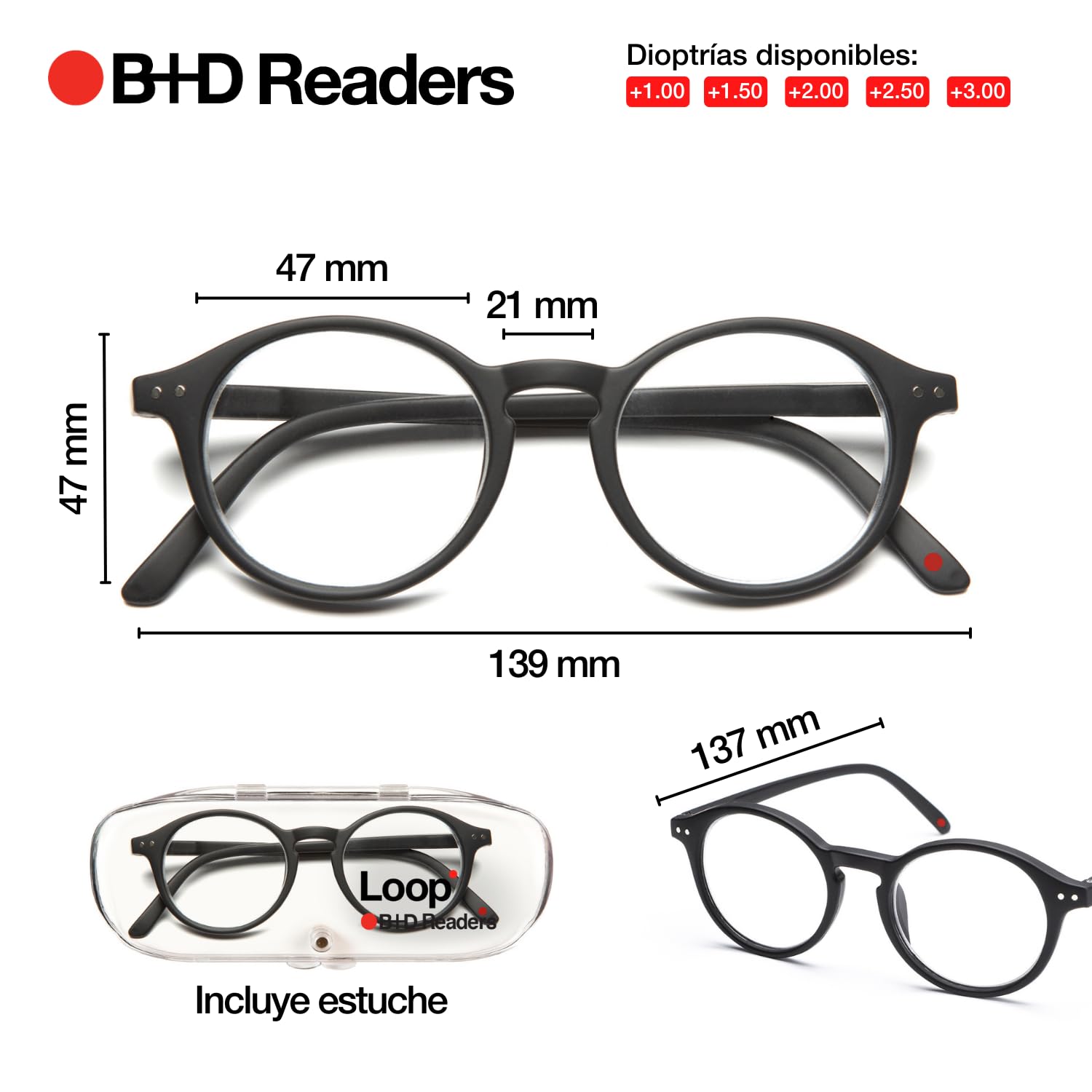 B+D Reading Glasses - Flexible PC Frame with Soft Touch - Comfortable Loop Readers +1.50 Strength - Perfect for Reading, Crafts & Computer Work (Black)