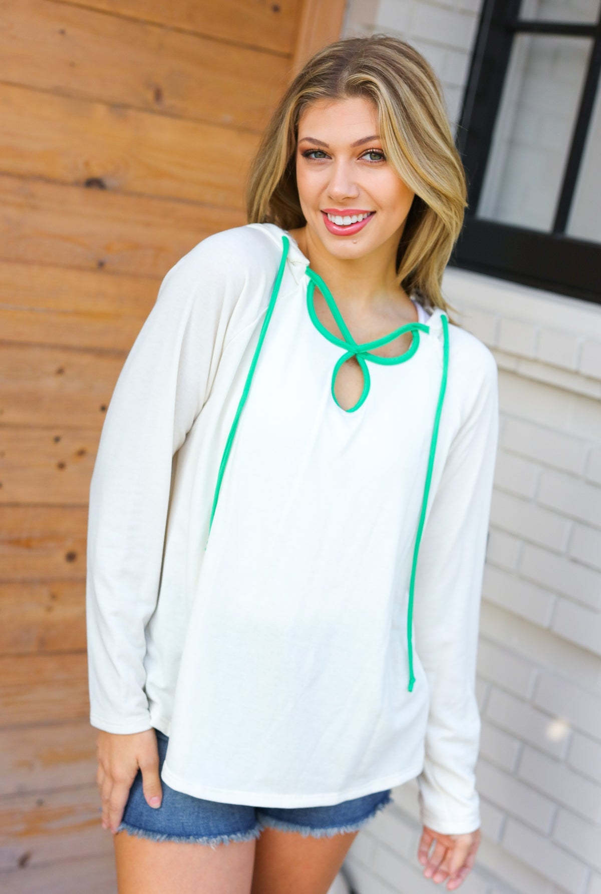 Kelly Green Clover Cut Out Terry Hoodie - Soft & Cozy Pullover Sweatshirt for Women | St. Patrick's Day Outfit, Casual Wear & Lounge Comfort