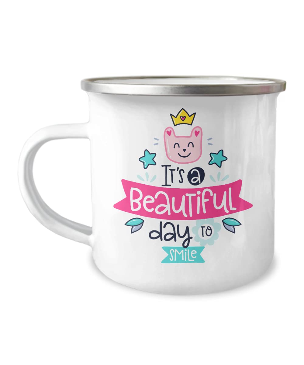 Zapbest Motivational Coffee Mug - 12oz Stainless Steel Enamel Camping Mug with 'It's a Beautiful Day to Smile' Design - Perfect for Morning Coffee, Outdoor Adventures & Office Use
