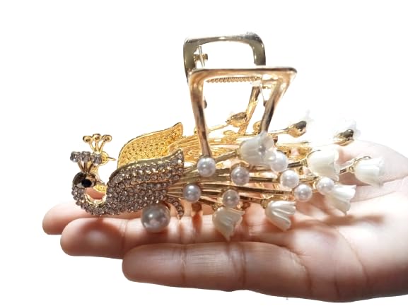 Glam Niyati Crystal Bronze Metal Alloy Peacock Hair Claw Clips - Elegant Hair Accessories for Weddings, Parties & Special Occasions