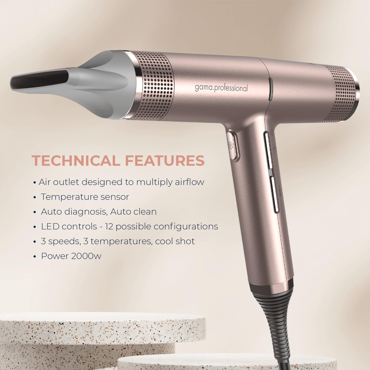 GAMA Italy Professional Hair Dryer - Lightweight 1875W Salon Blow Dryer with Diffuser & 2 Nozzles, Rose Gold (Under 1LB) for Smooth, Fast Drying at Home & Salon