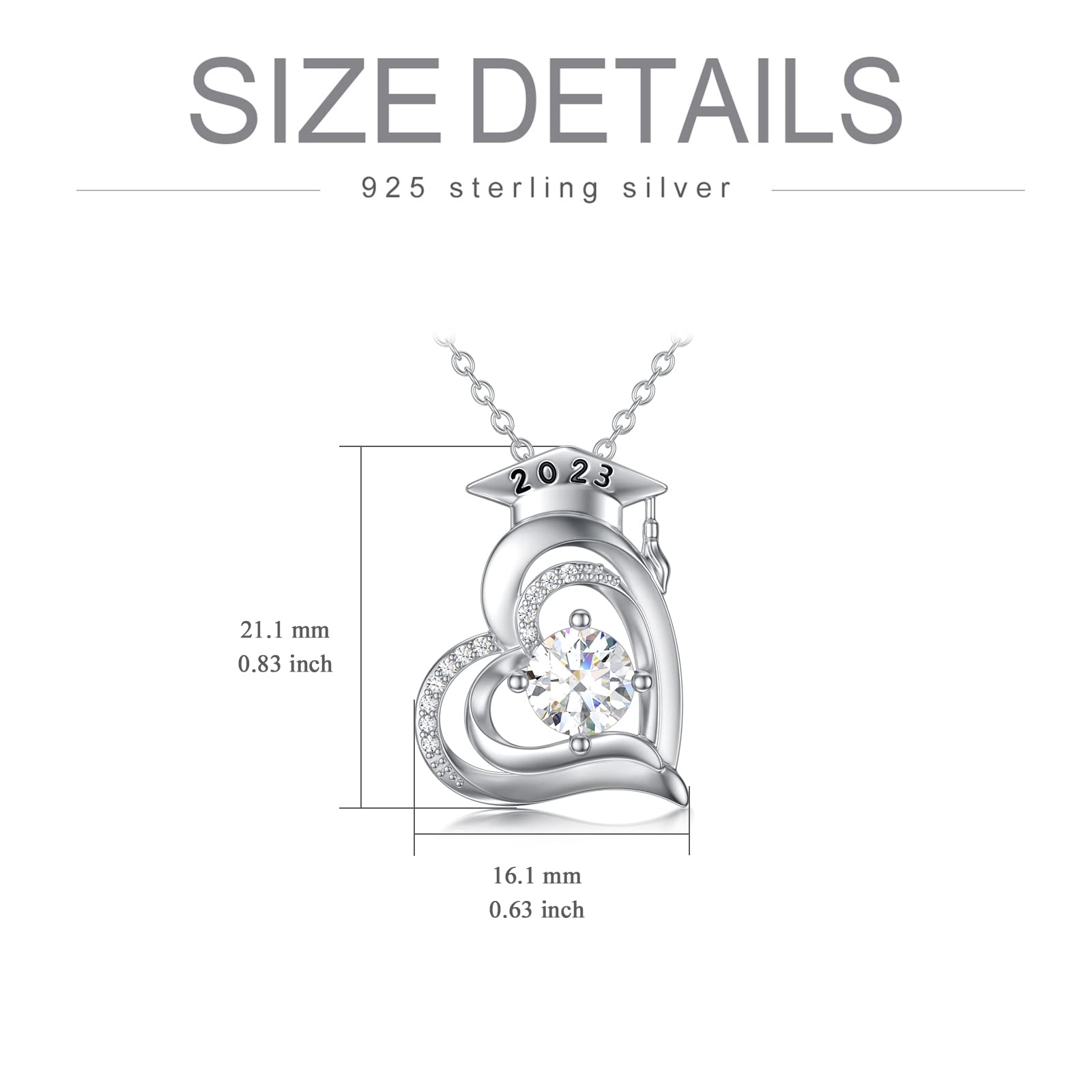 14K White Gold Plated 925 Sterling Silver Graduation Necklace for Women - Natural Diamond Heart Pendant with 2023/2022 Graduation Cap Charm, 18''+2'' Chain - Perfect Graduation Gift for Her, Daughter, Sister or Friend - Ideal for Commencement Ceremonies, Graduation Parties & Special Occasions