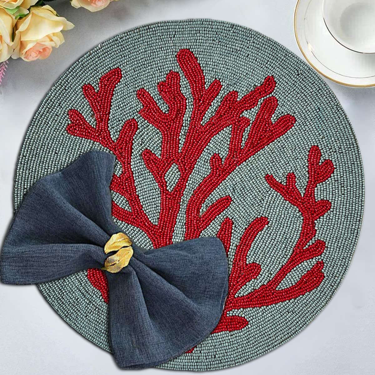 Decozen Round Beaded Placemats Set of 8 - 14 Inch Heat Resistant Charger Plates for Farmhouse Kitchen, Wedding & Valentine's Day Decor - Blue Teal Coral Home Decor | Perfect for Dinner Parties, Holiday Gatherings & Spring Table Settings