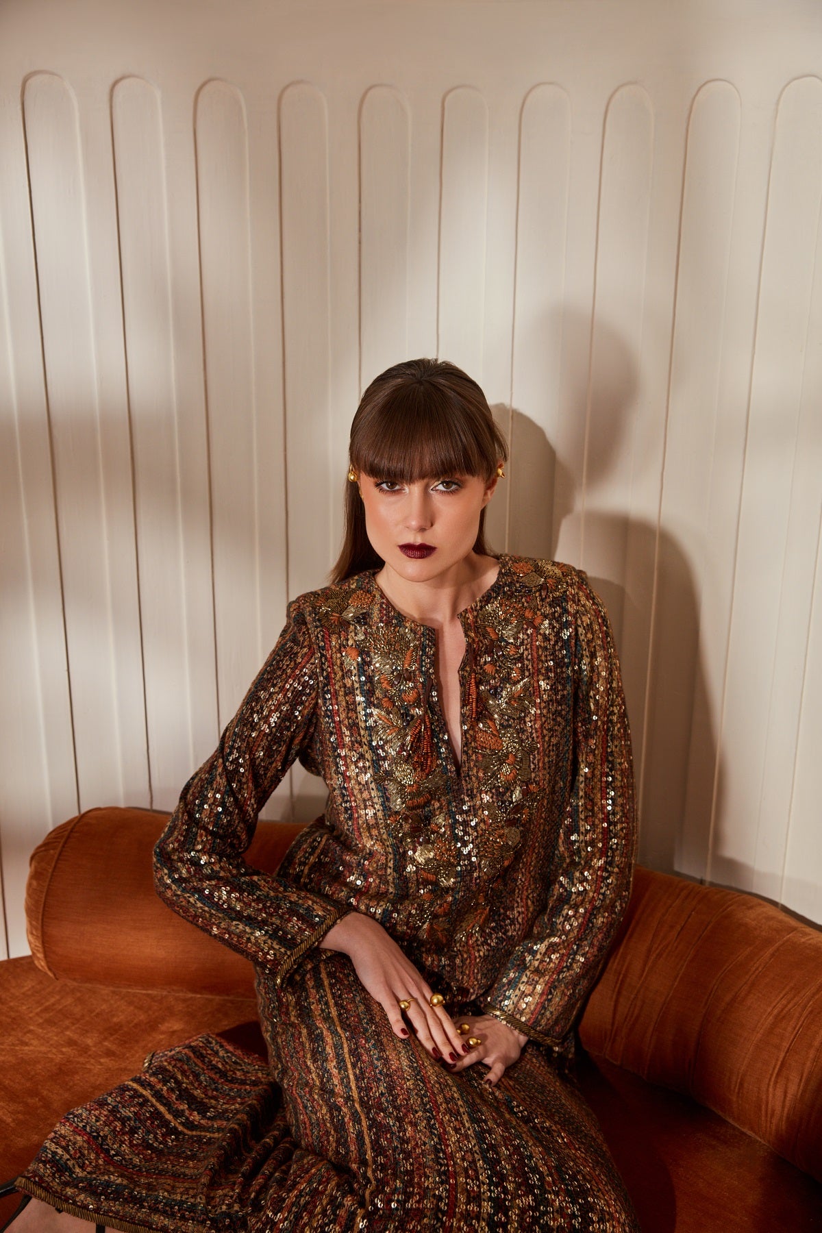 Elegant Stripe Print Sheeted Slit Dress with Baroque Hand Embroidery - Perfect for Evening Parties and Special Occasions