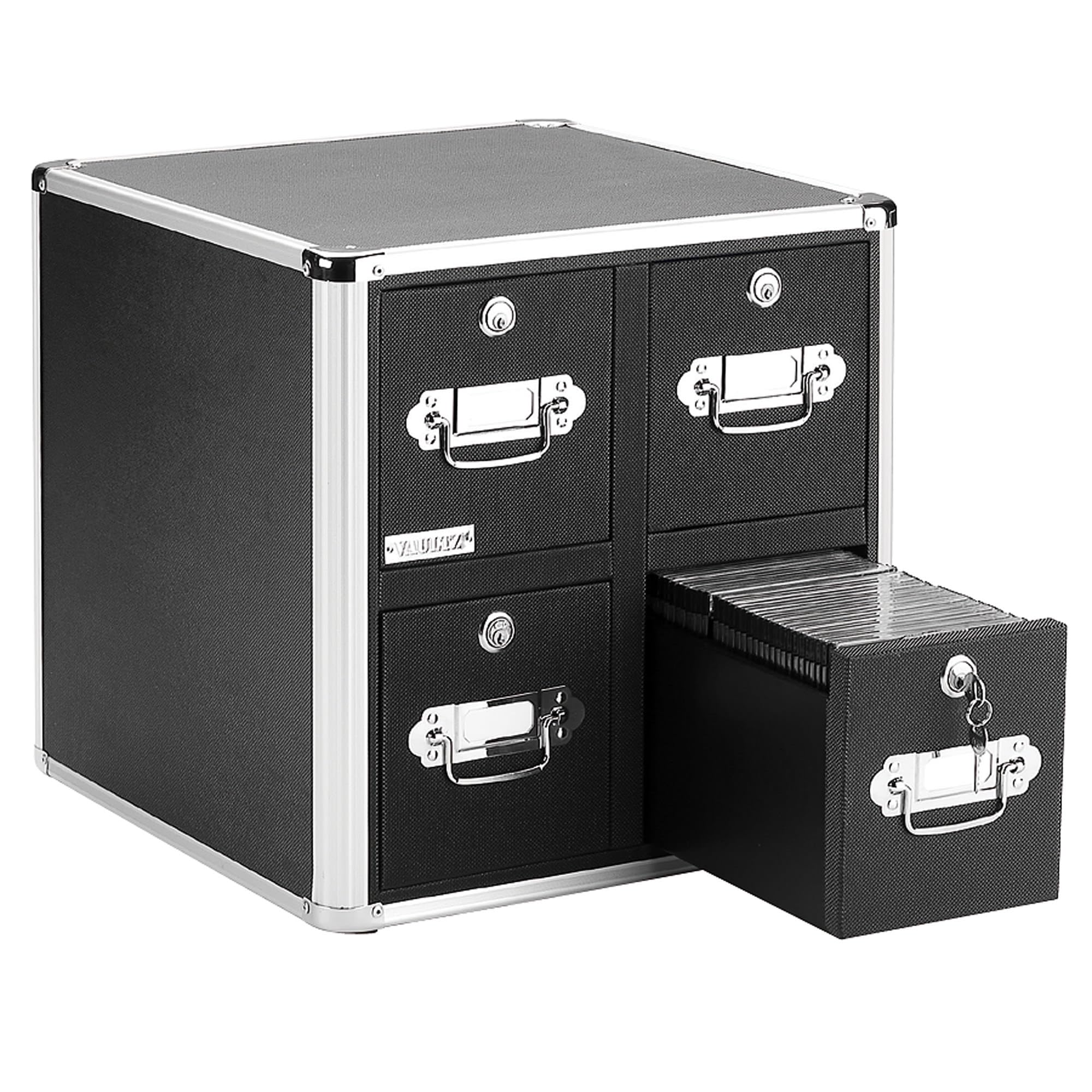 Vaultz 4-Drawer CD Storage Cabinet with Key Lock - Black for Home & Office Organization