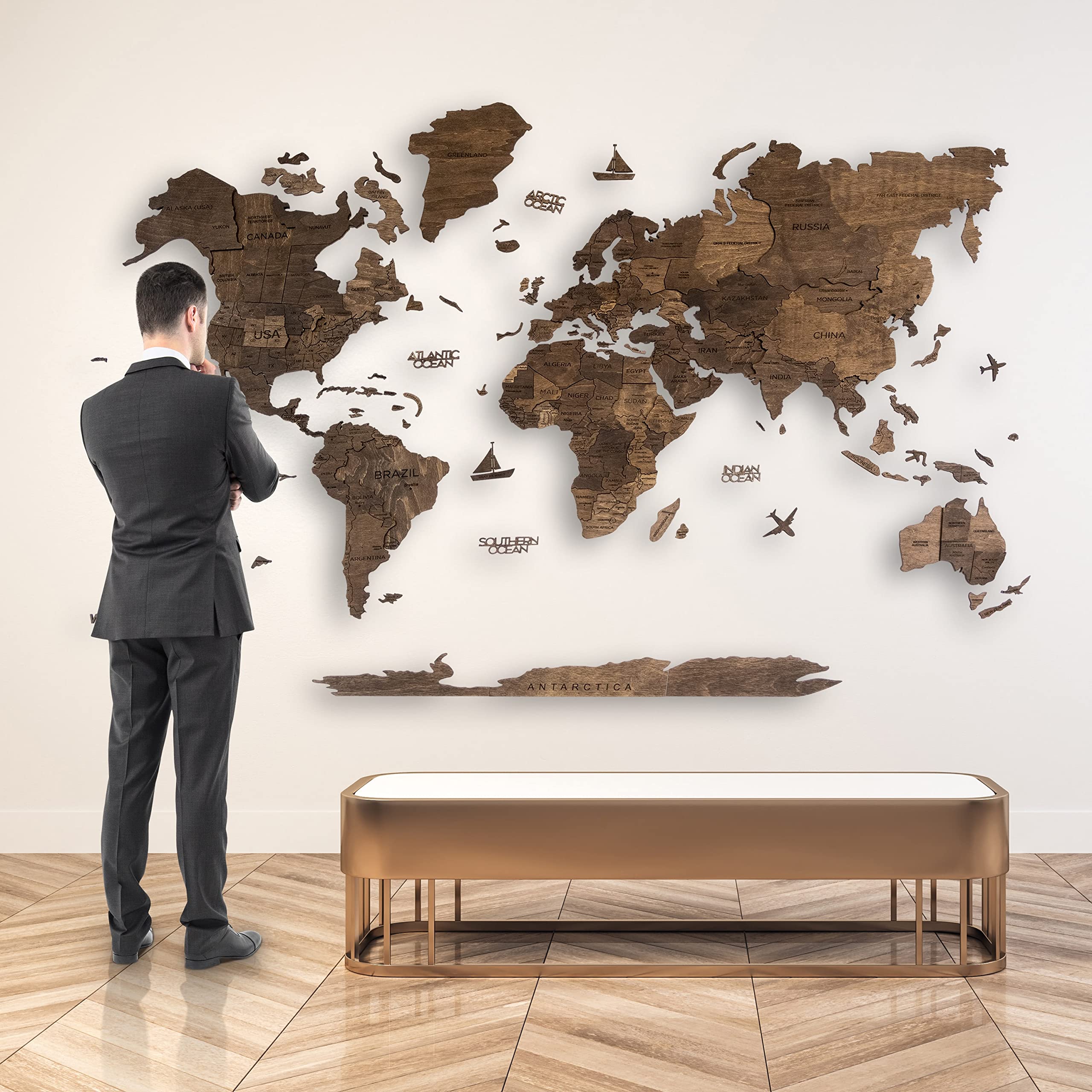 Handmade 3D Wooden World Map Wall Art - Large Custom Wall Decor for Home, Office & Kitchen - Track Your Travels with Walnut Finish - Perfect for Living Room, Study & Gift Giving