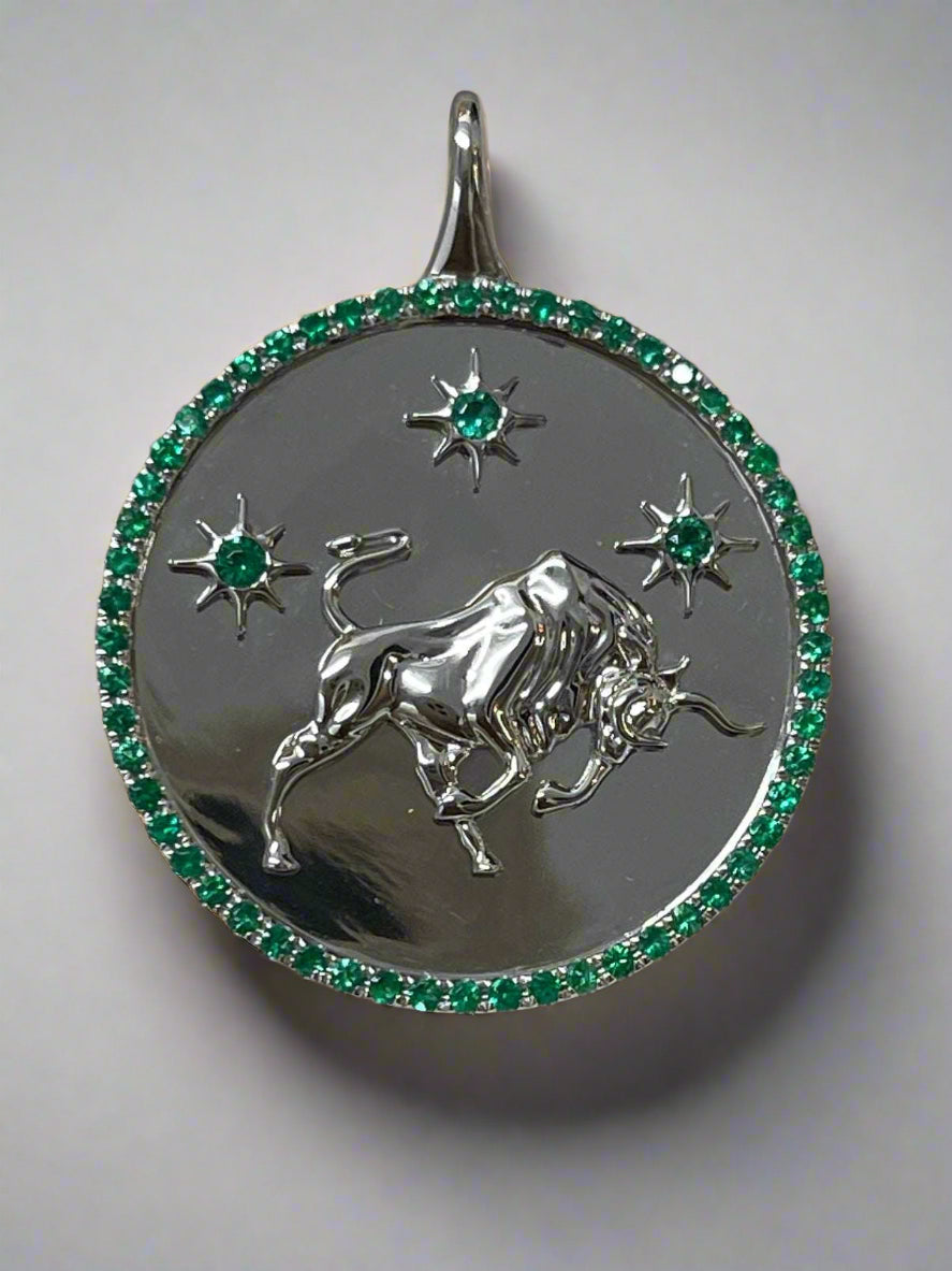 14K Gold Emerald Taurus Zodiac Medallion with Halo Pendant Necklace - Perfect for Birthdays, Gifts & Astrology Jewelry Lovers