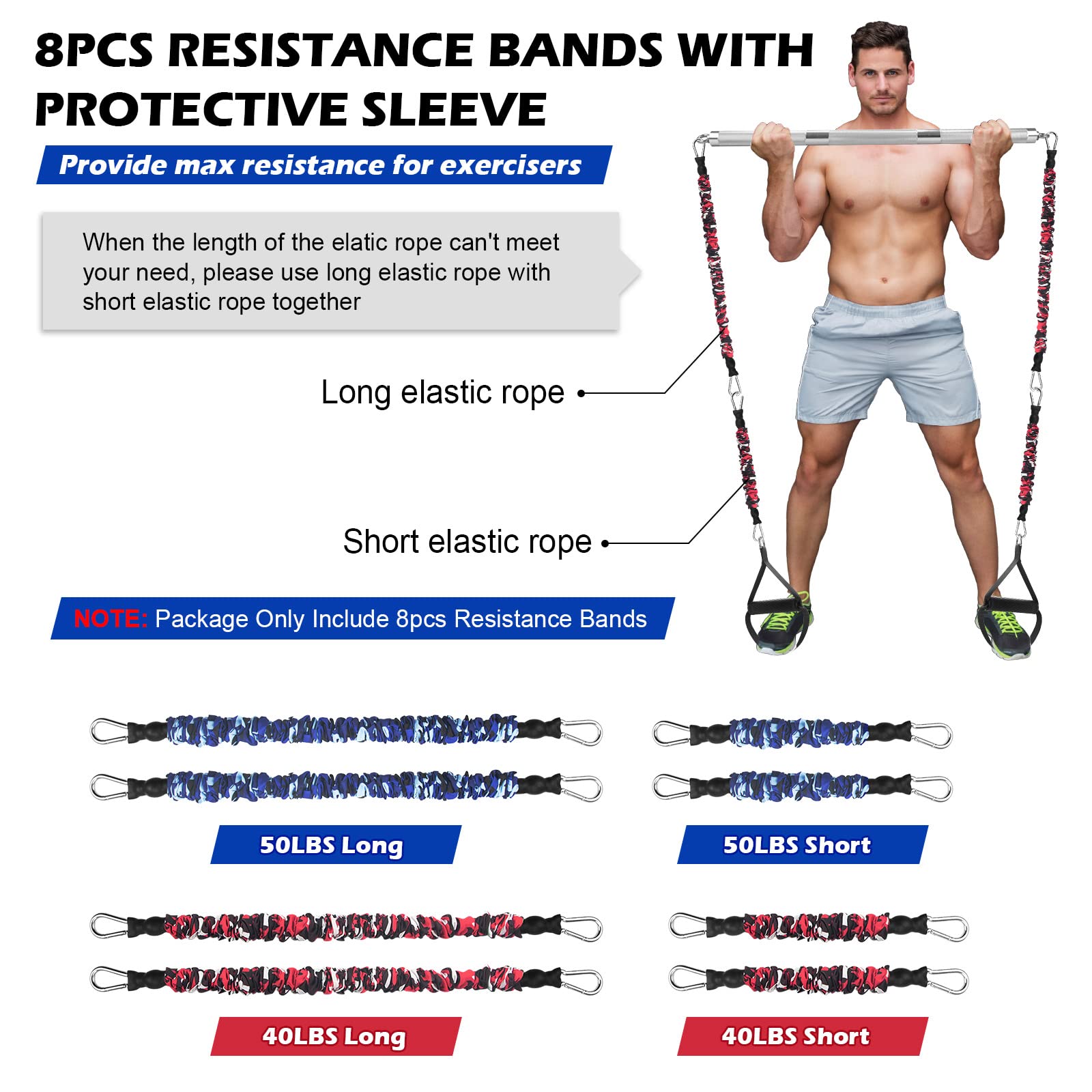 DASKING Natural Latex Resistance Bands Set with Protective Sleeve - Heavy Duty Workout & Exercise Stretch Fitness Bands for Body Stretching, Resistance Training, Home Gym & Physical Therapy (5-Piece Set)