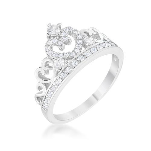 0.34ct CZ Heart Crown Ring in Rhodium - Elegant Aurora Jewelry for Women, Perfect for Valentine's Day, Anniversary & Romantic Gifts