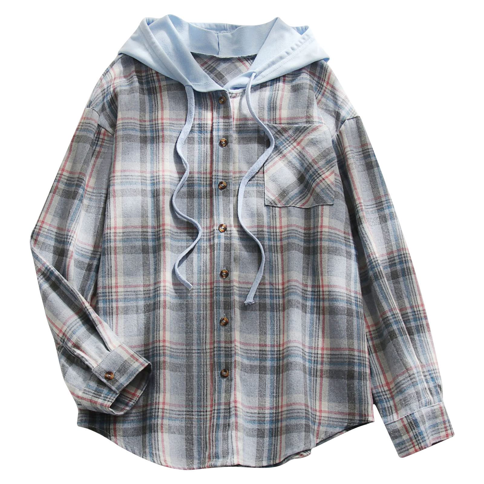Stylish Women's Plaid Long Sleeve Hooded Button Down Shirt with Patchwork Design, Drawstring & Pocket - Perfect for Casual Outings, Fall Layering and Outdoor Adventures