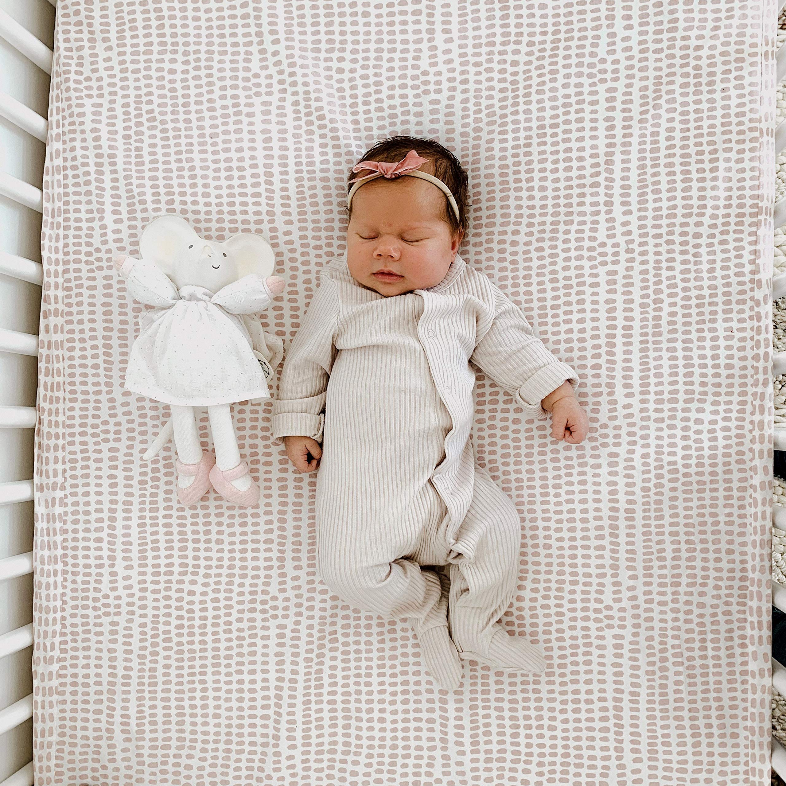 Ely's & Co. Waterproof Crib Sheet for Baby Girls - Soft Toddler Bed Sheet with Mauve Pink Splash & Stripes Design | No Need for Mattress Pad Cover | Perfect for Nursery, Daycare & Travel
