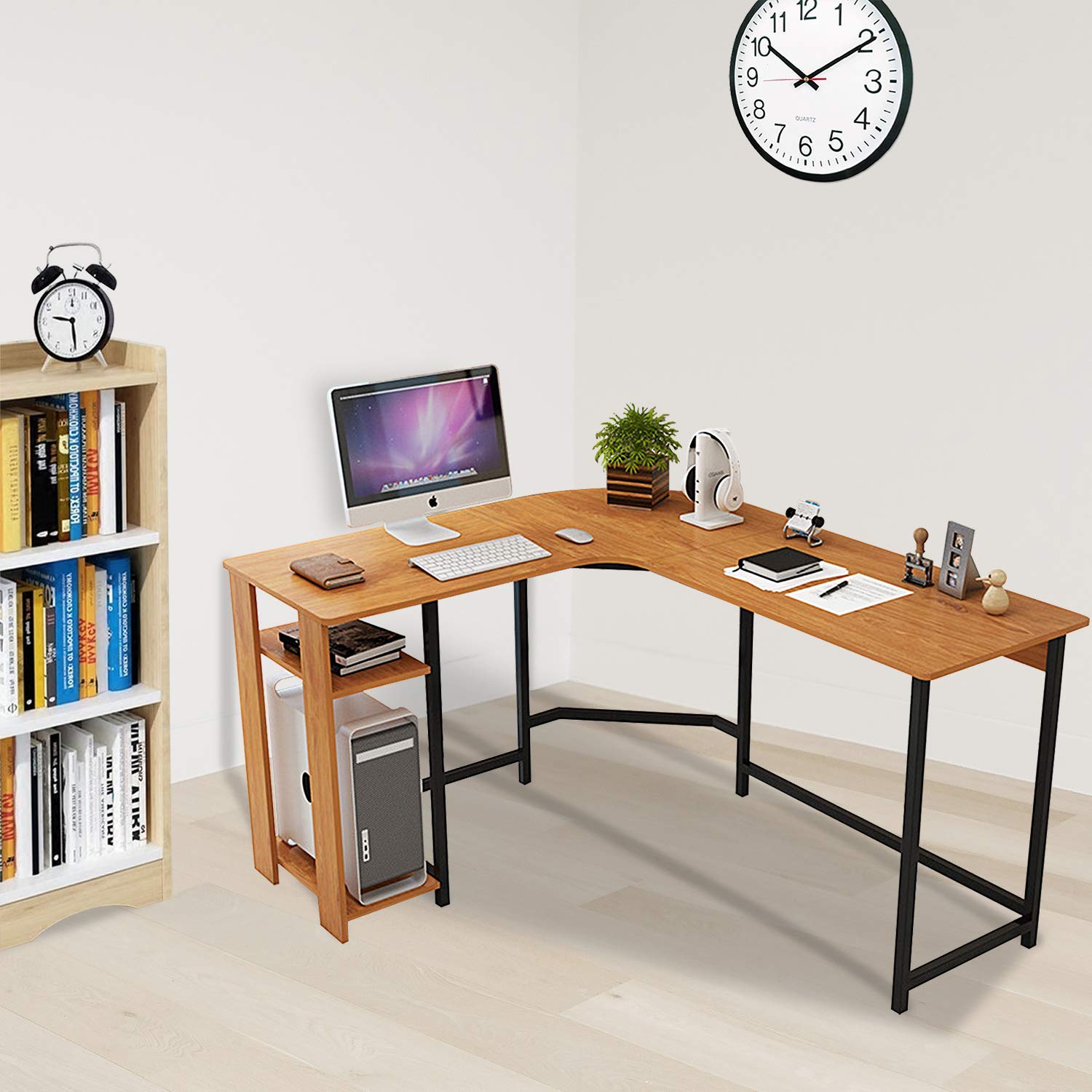 L-Shaped Corner Gaming Desk with Wooden Top & Black Frame - Home Office Computer Desk for PC, Laptop, Workstation & Study | Ergonomic Design for Small Spaces, Gaming Setup & Remote Work