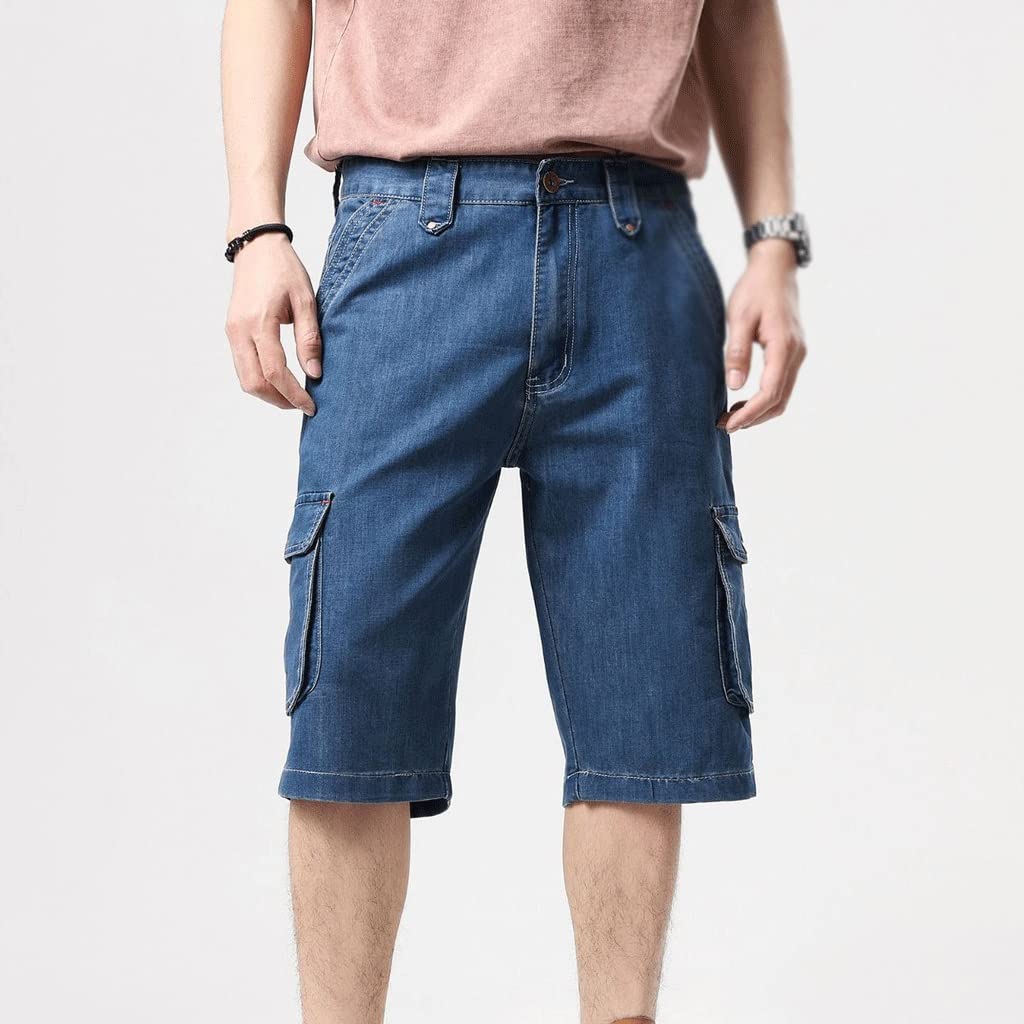 Men's Plus Size Loose Fit Denim Shorts - Summer Streetwear & Workwear Jeans with Polyester Patchwork Design (Color A, Size 44) - Perfect for Casual Outings, Beach Wear & Outdoor Activities