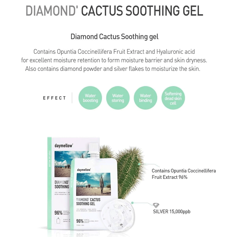 Daymellow Diamond Cactus Soothing Gel 300g - Hydrating & Calming Face Moisturizer for Dry & Sensitive Skin | Perfect for Sunburn Relief & Daily Skincare Routine