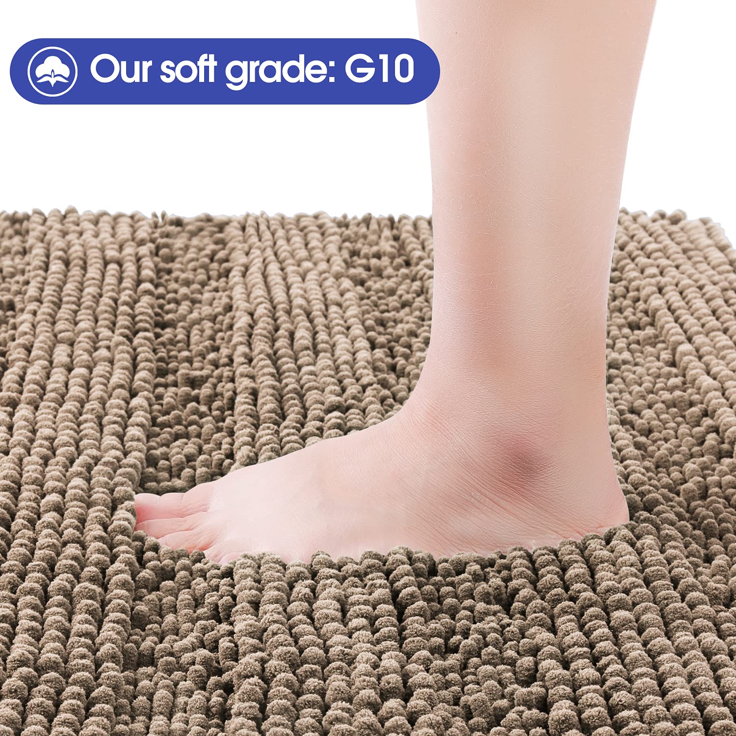 ACCUMTEK Striped Ultra Soft Thick Chenille Bath Rugs and Mats - Dark Beige Non-Slip Bathroom Mat for Bathroom, Toilet, Bedroom & Kitchen - Plush Absorbent Floor Mat for Shower, Vanity & Sink Areas