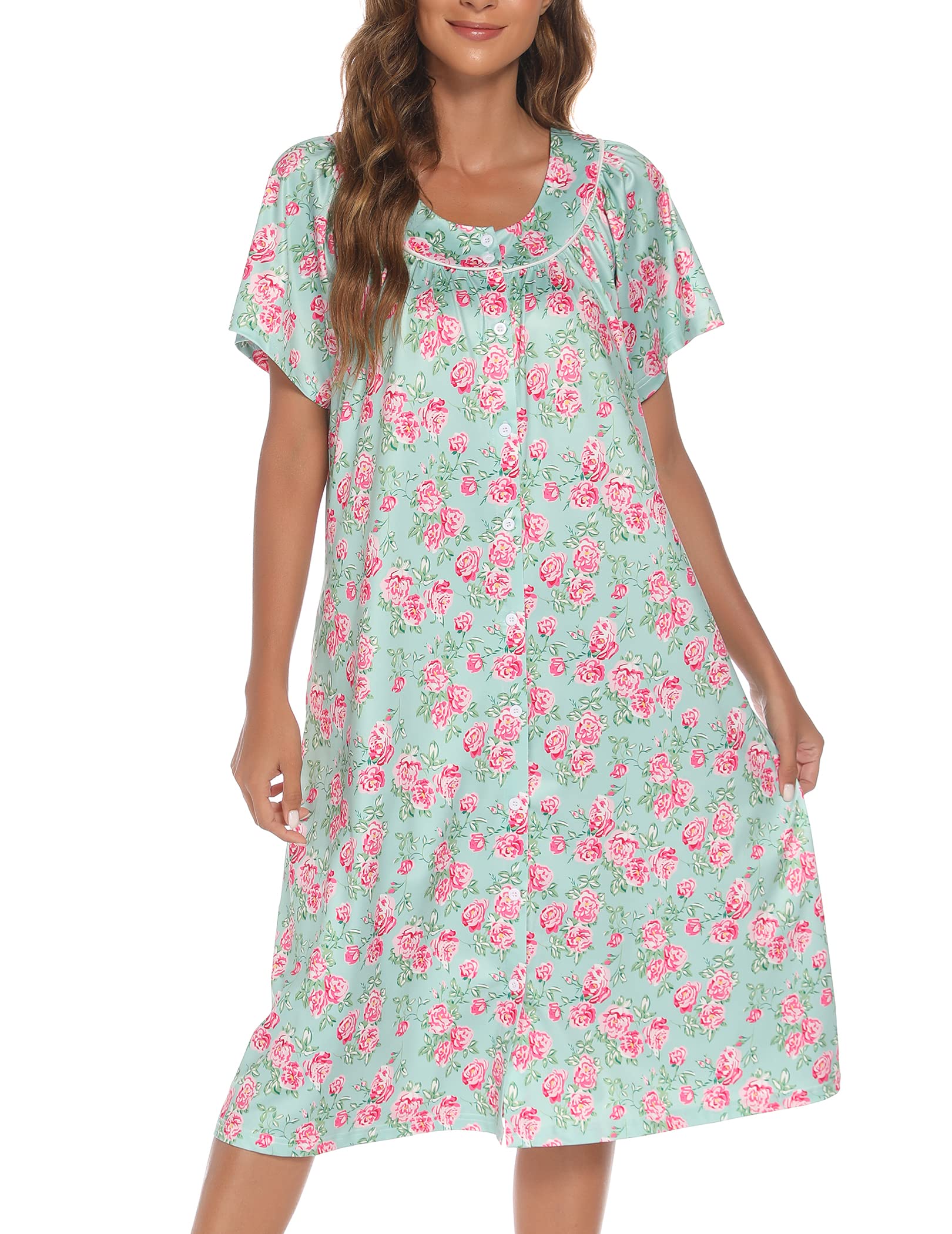 YOZLY Women's Short Sleeve House Dress - Comfortable Mumu Duster Robe with Pockets | Perfect for Lounging at Home, Running Errands & Maternity Wear