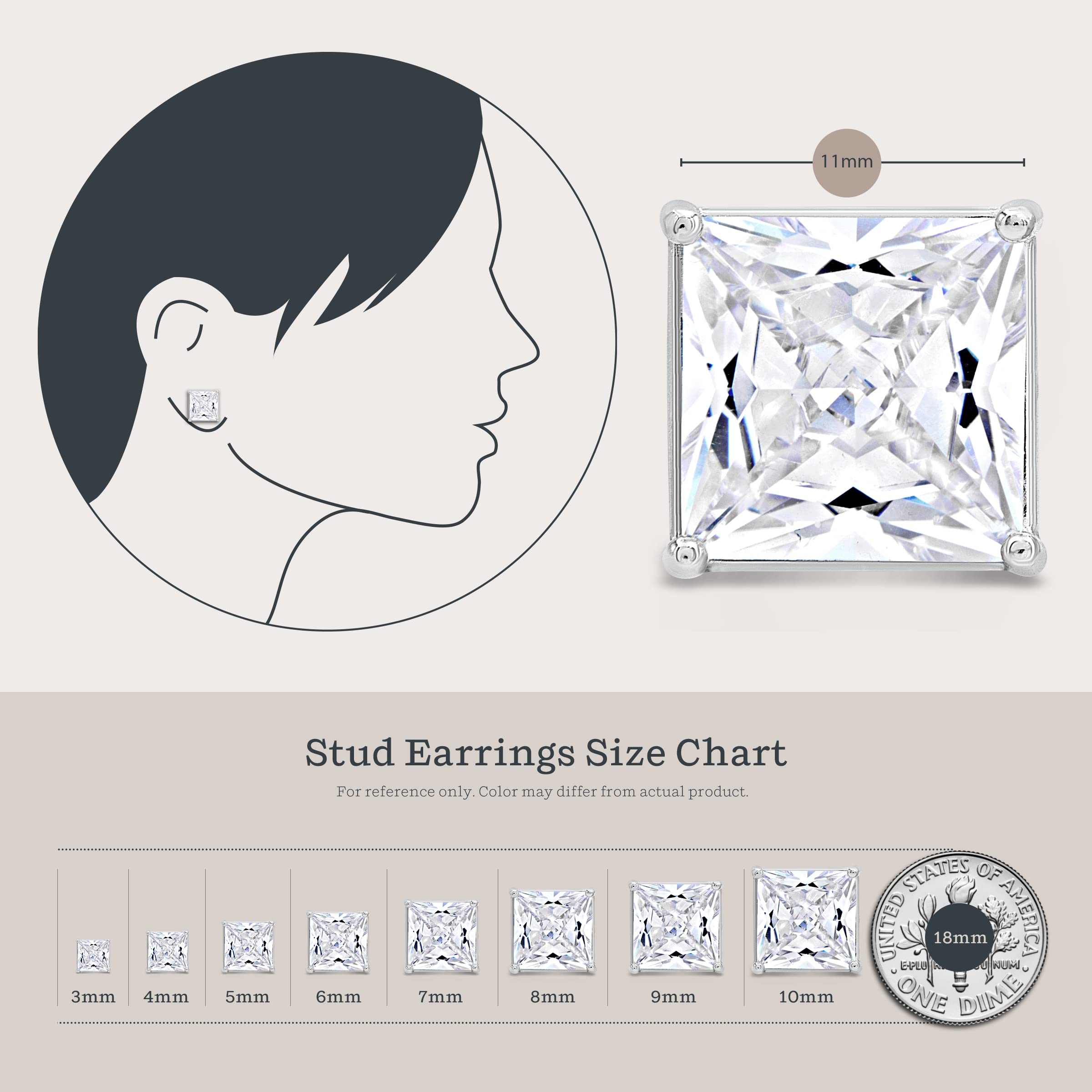 KEZEF Sterling Silver Stud Earrings for Women & Men - 11mm Square Princess Cut Cubic Zirconia Earrings with Basket Setting | Perfect for Everyday Wear, Gifts & Special Occasions