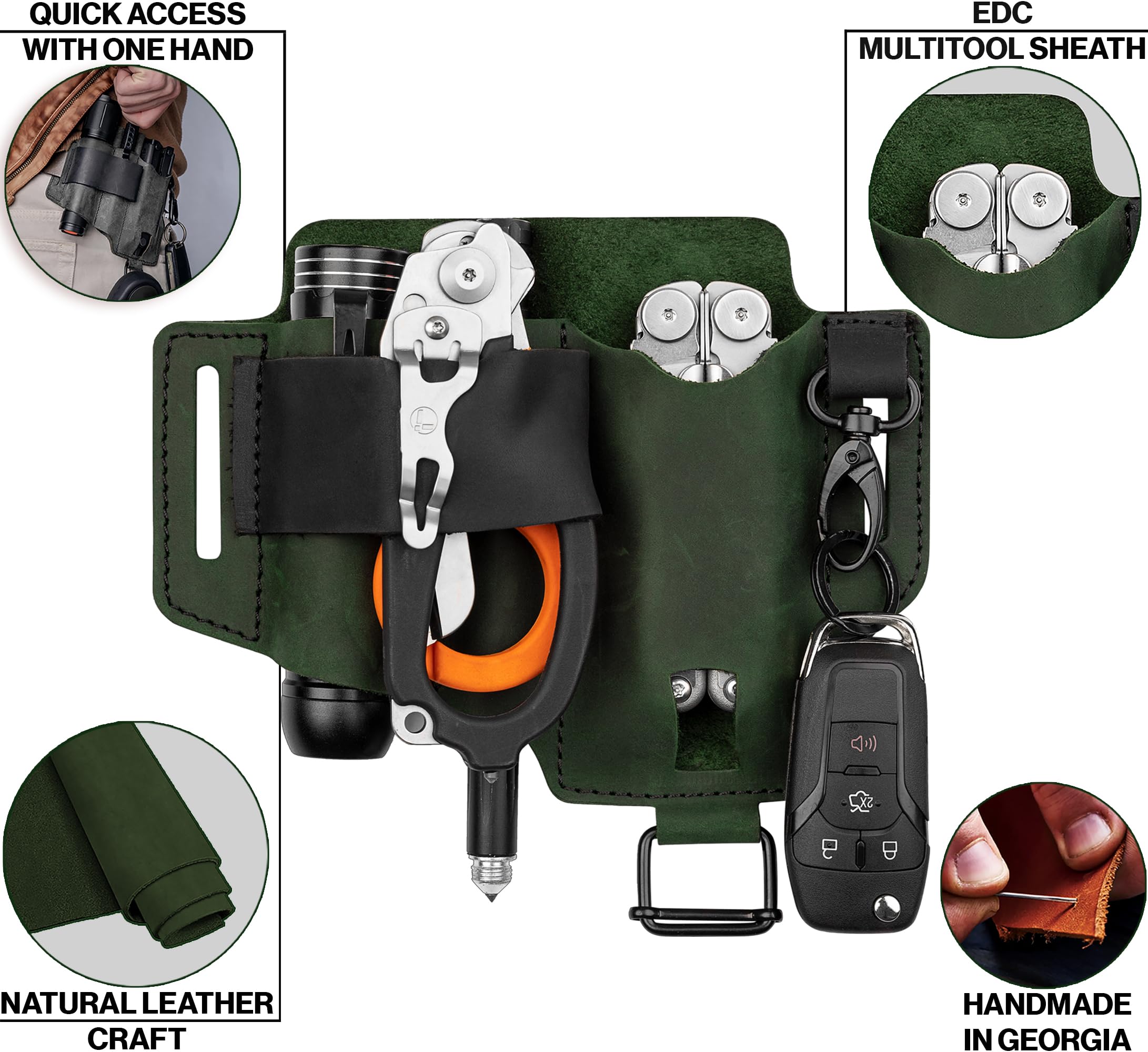 EDC Multitool Belt Sheath - Compact Leather Knife & Flashlight Holster for Leatherman Tools - Handmade Leather Pouch for Men's Everyday Carry (EDC) - Durable Work Belt Organizer for Camping, Hiking & Outdoor Activities - by CatchandCraft