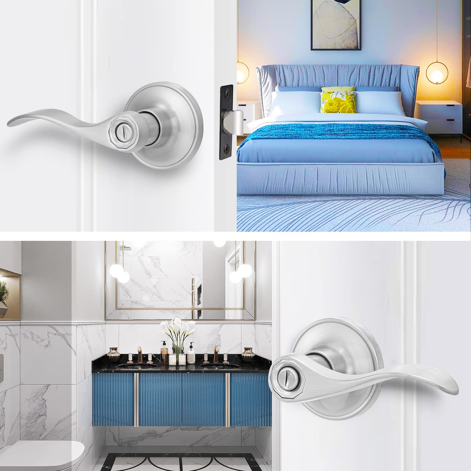 10 Pack Brushed Nickel Reversible Door Lever - Traditional Wave Style Privacy Door Handle for Interior Doors & Closets | Perfect for Bedrooms, Bathrooms & Home Security