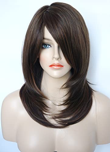 Medium Length Layered Synthetic Wig with Bangs - Brown & Blonde Highlights for Women | Perfect for Cosplay, Daily Wear & Special Occasions