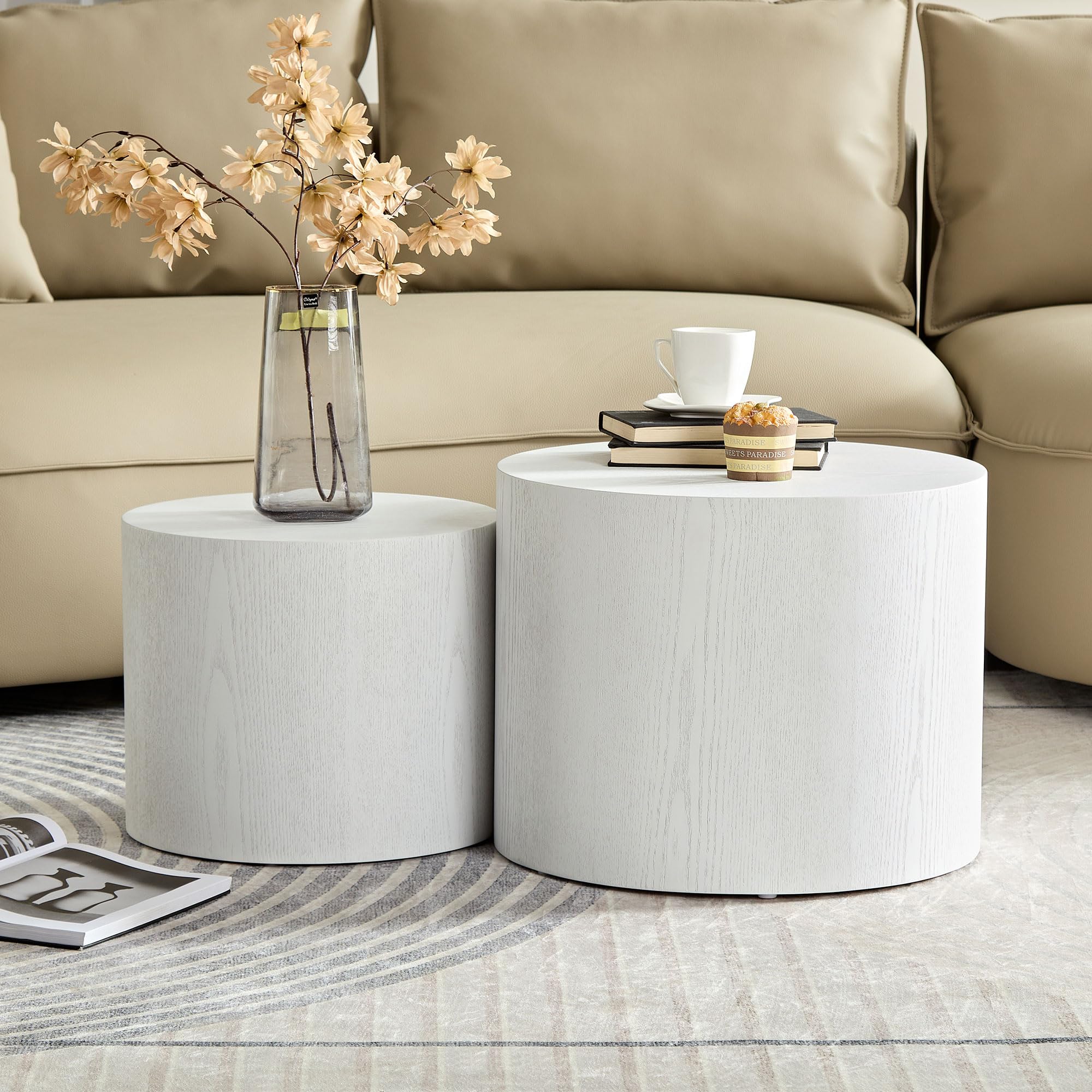 JUSTONE 2-Piece Nesting Coffee Table Set - Modern Round Wooden Side Tables for Living Room, Bedroom, Balcony & Home Office - No Assembly Required, White - Perfect for Small Spaces & Stylish Home Decor