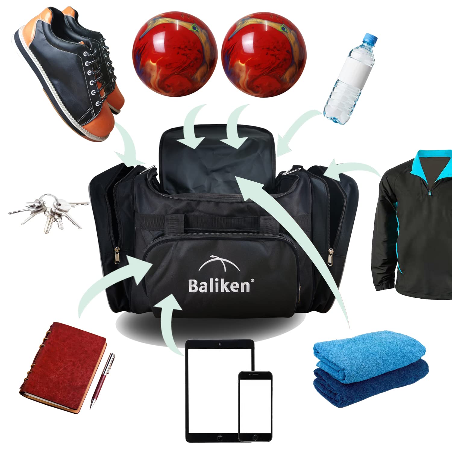 BALIKEN Double Tote Bowling Bag - 2 Balls & Shoes for Men Size 16 - Perfect for Bowling League & Practice