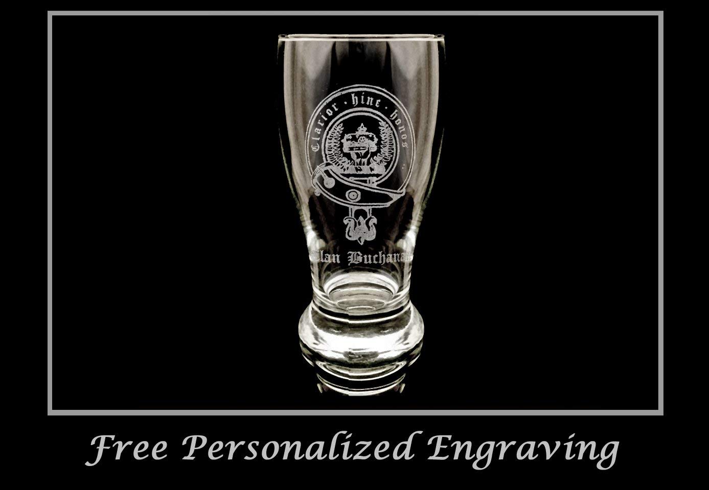 Clan Buchanan Scottish Crest Pint Glass Set of 4 - Personalized Engraved Family Crest Pub Beer Glasses for St. Patrick's Day, Scottish Weddings & Home Bar Decor